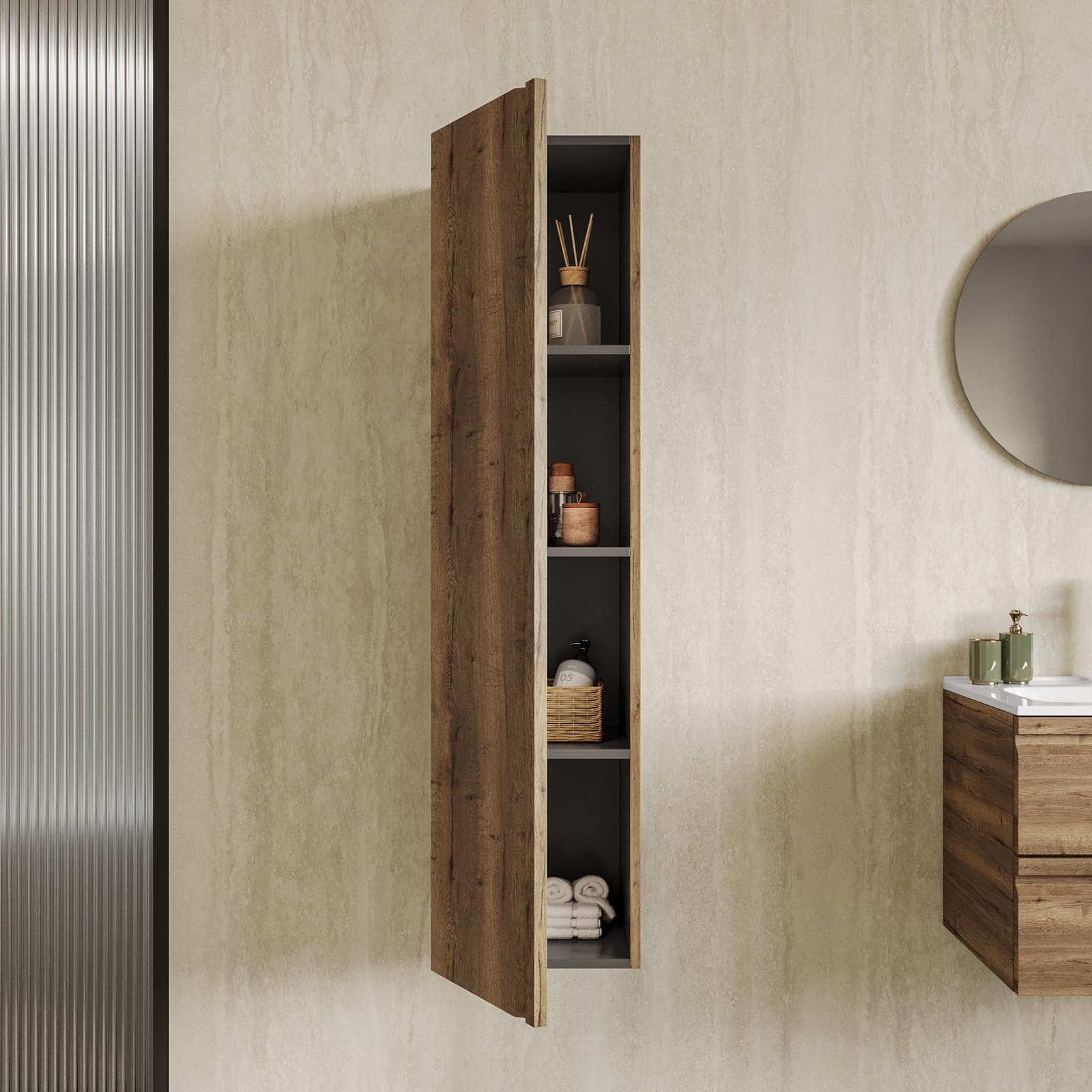 Colonna bagno sospesa 140h cm con anta reversibile rovere america - Edgard