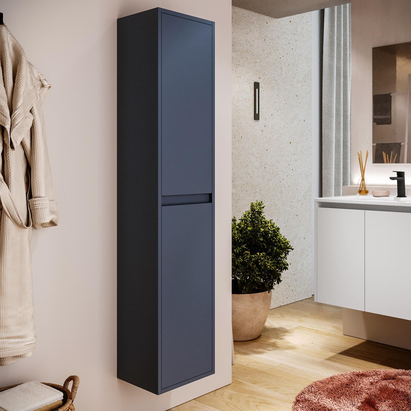 Colonna bagno sospesa 140h cm blu satinato con anta Soft Close reversibile - Medora e Libras