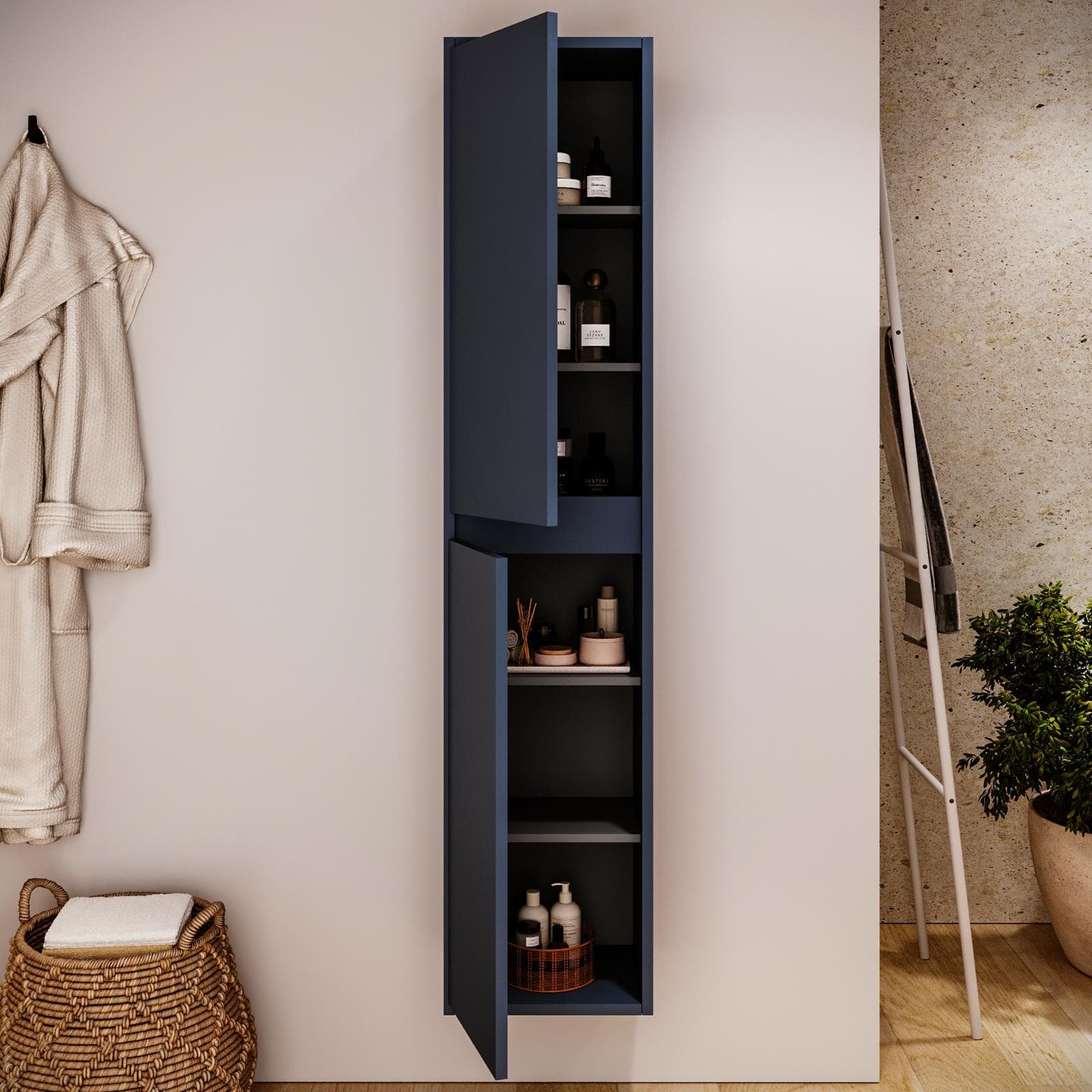 Colonna bagno sospesa 140h cm blu satinato con anta Soft Close reversibile - Medora e Libras