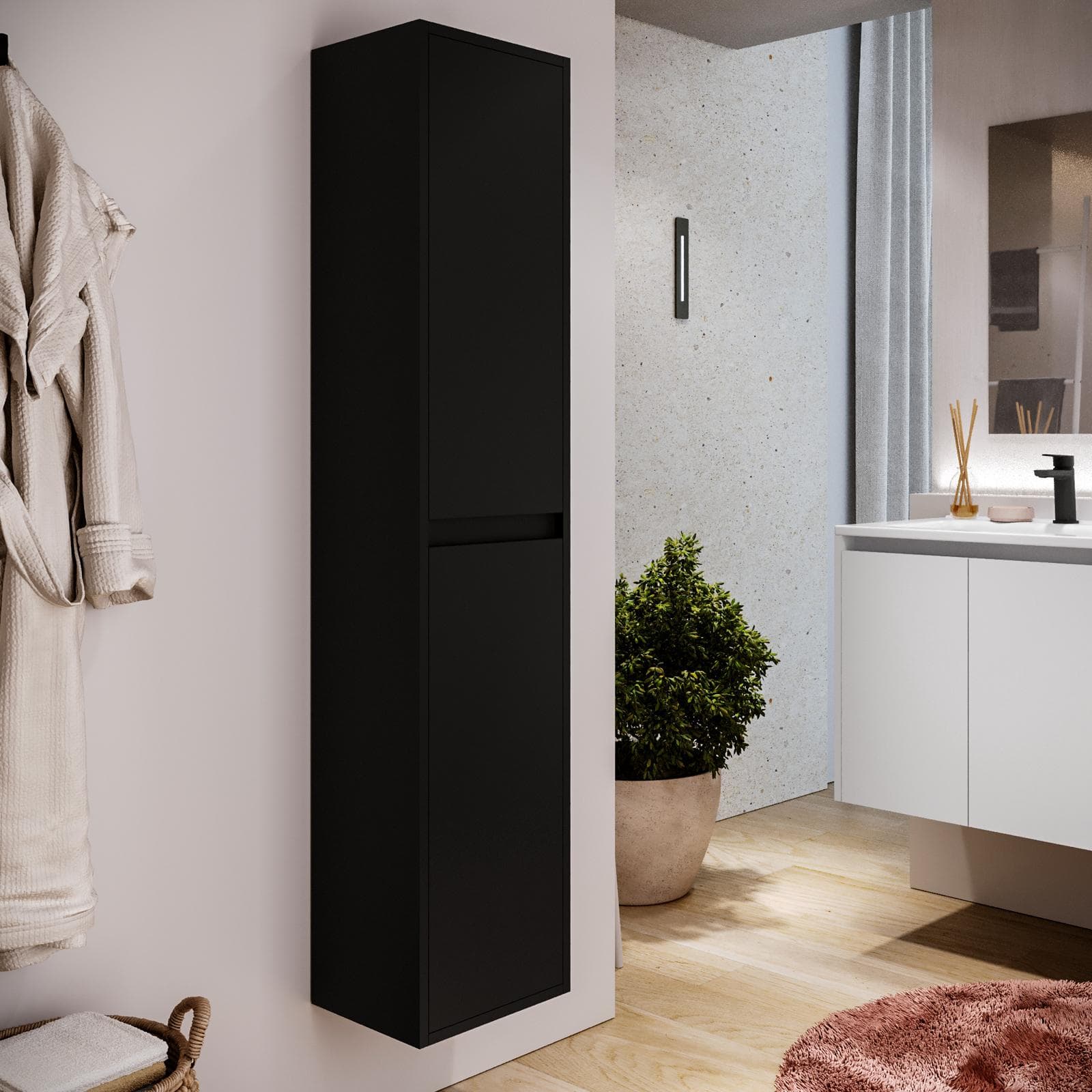 Colonna bagno sospesa 140h cm nero satinato con anta Soft Close reversibile - Medora e Libras