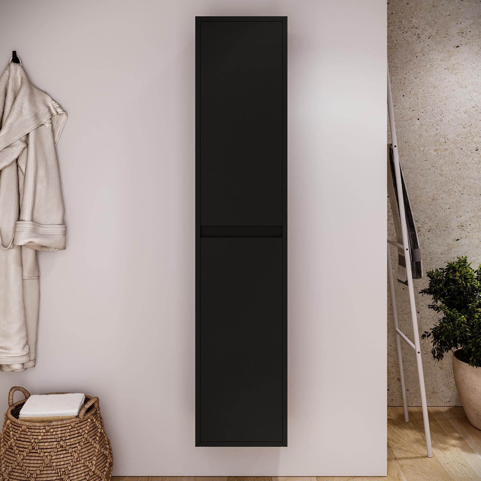 Colonna bagno sospesa 140h cm nero satinato con anta Soft Close reversibile - Medora e Libras