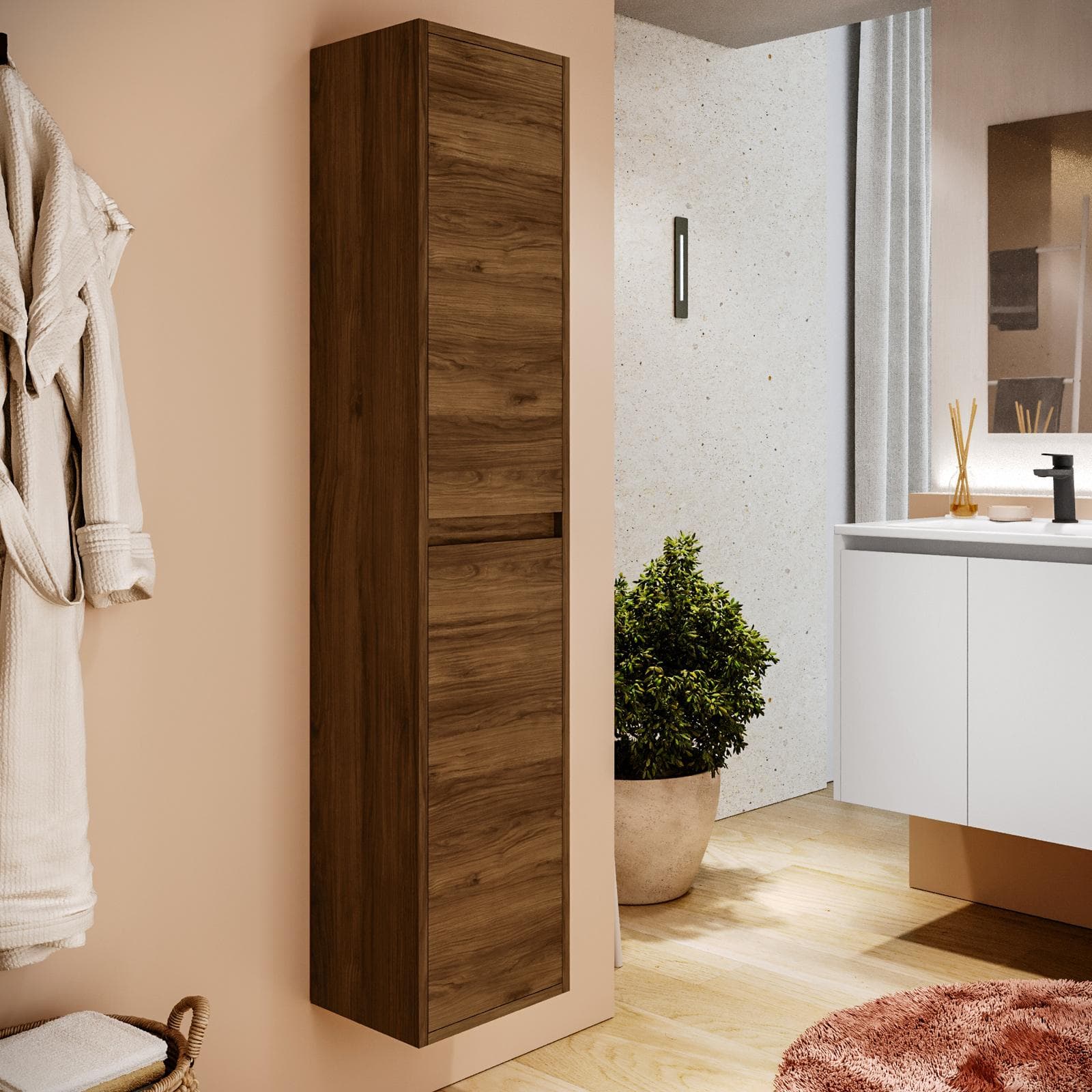 Colonna bagno sospesa 140h cm noce maya con anta Soft Close reversibile - Medora e Libras