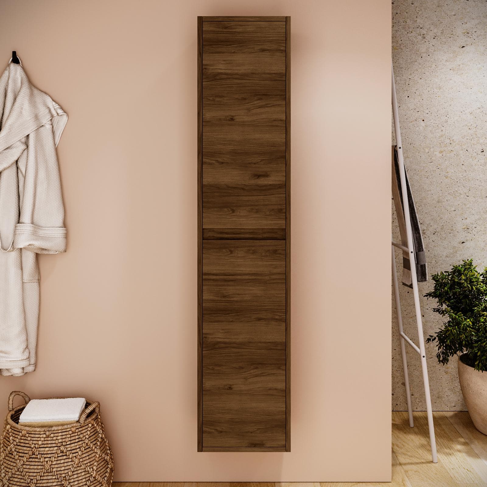 Colonna bagno sospesa 140h cm noce maya con anta Soft Close reversibile - Medora e Libras