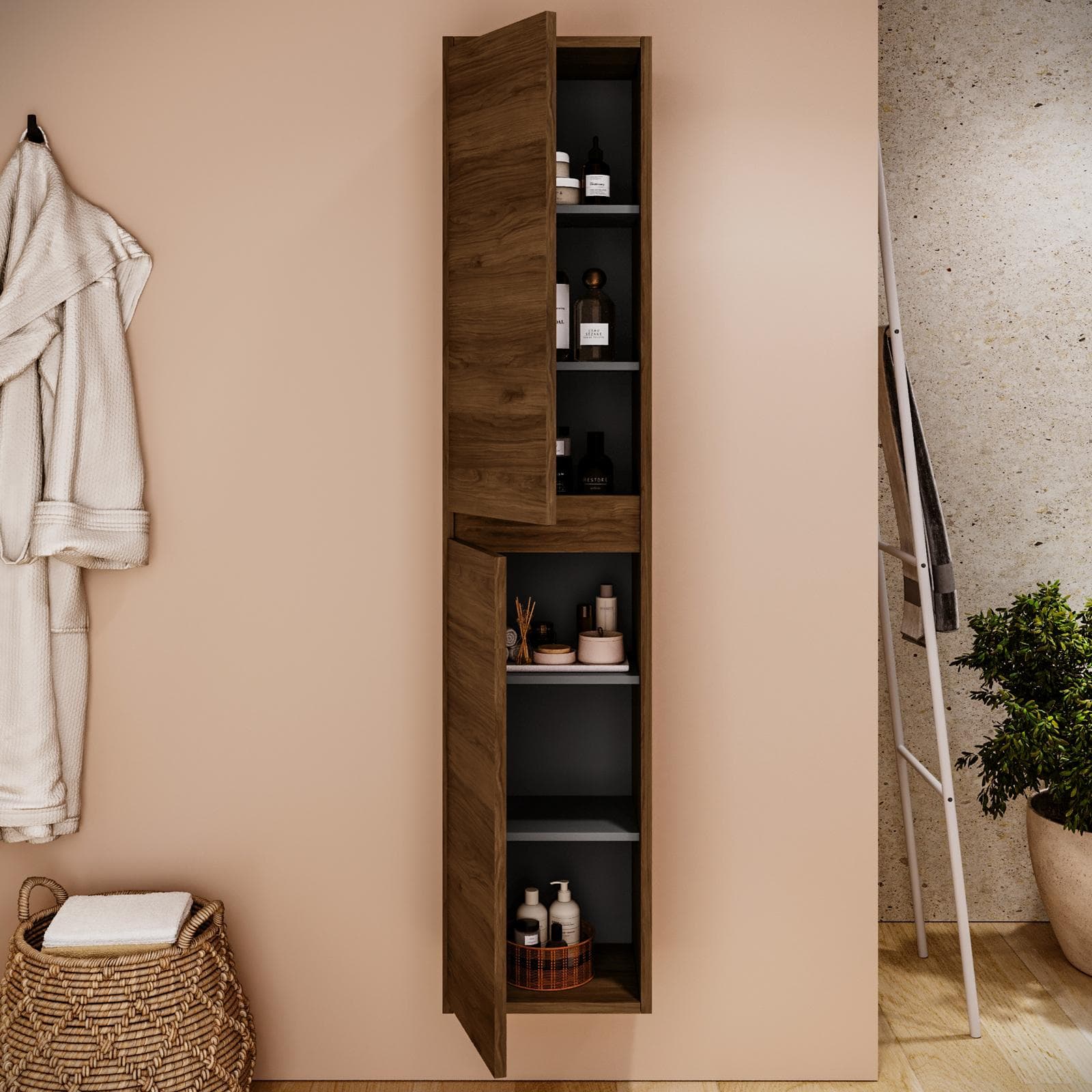 Colonna bagno sospesa 140h cm noce maya con anta Soft Close reversibile - Medora e Libras