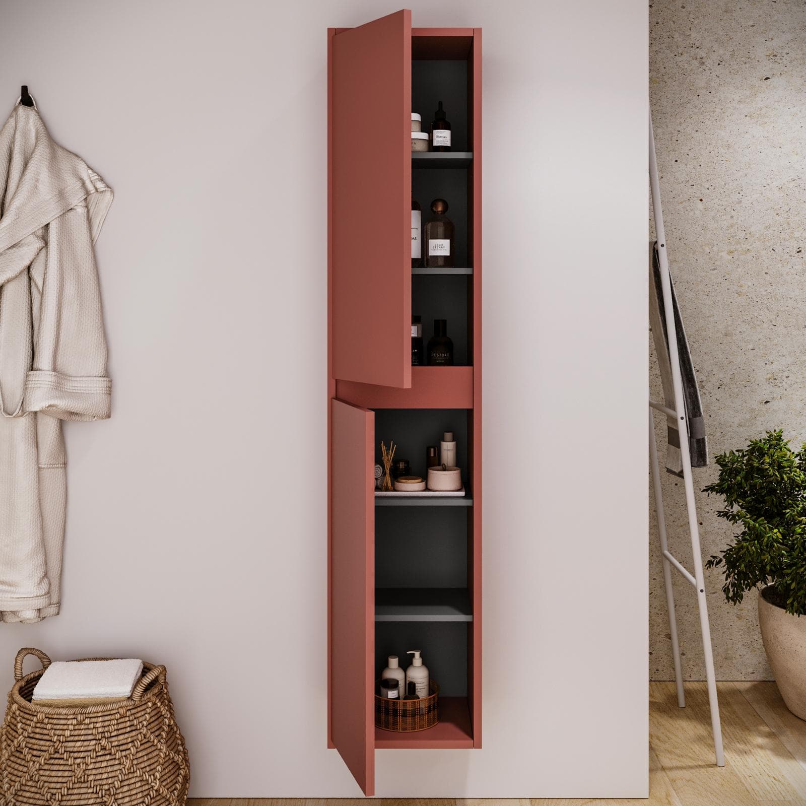 Colonna bagno sospesa 140h cm red satinato con anta Soft Close reversibile - Medora e Libras