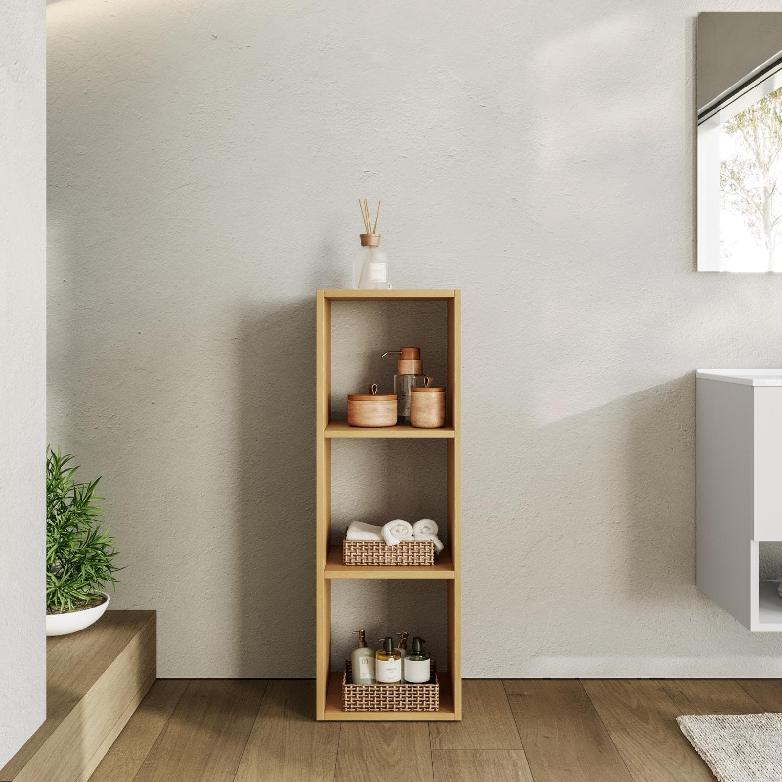 Colonna bagno 35x102h cm in legno naturale e cannettato con 3 vani - Kloser