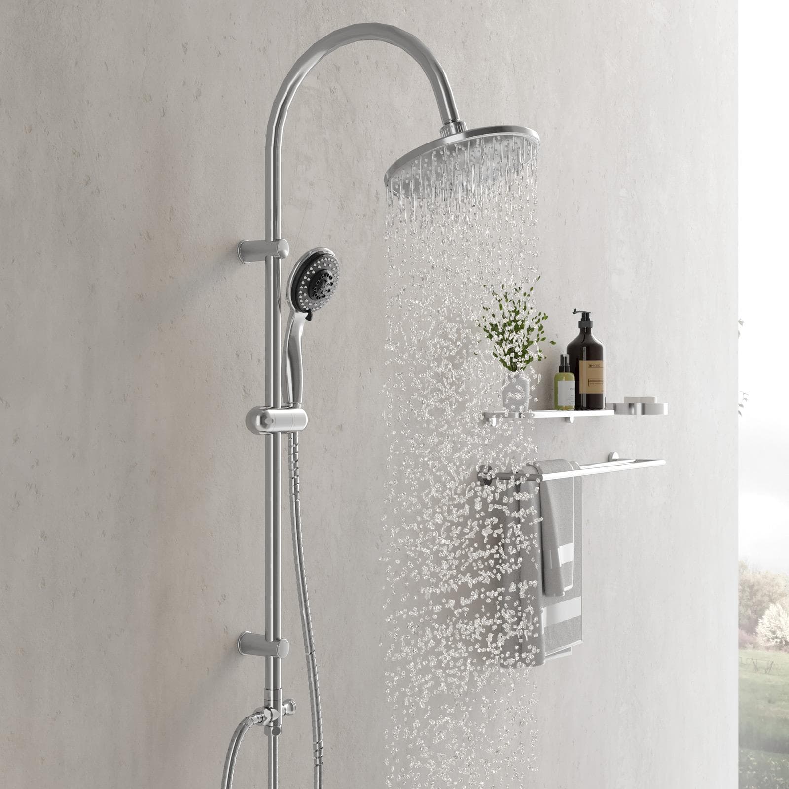 Colonna doccia Lara dal design moderno con saliscendi in ottone cromato con doccetta