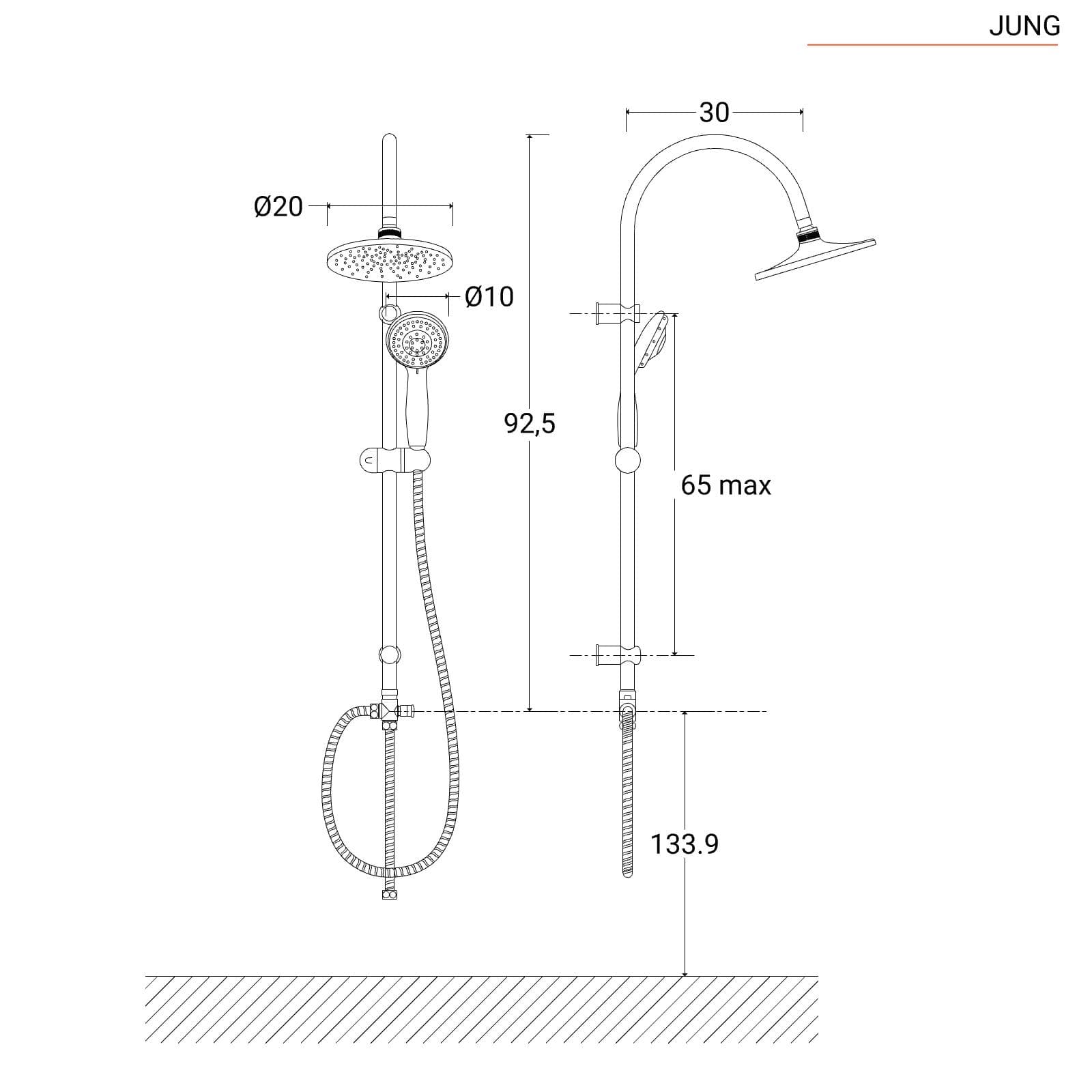 Colonna doccia Lara dal design moderno con saliscendi in ottone cromato con doccetta
