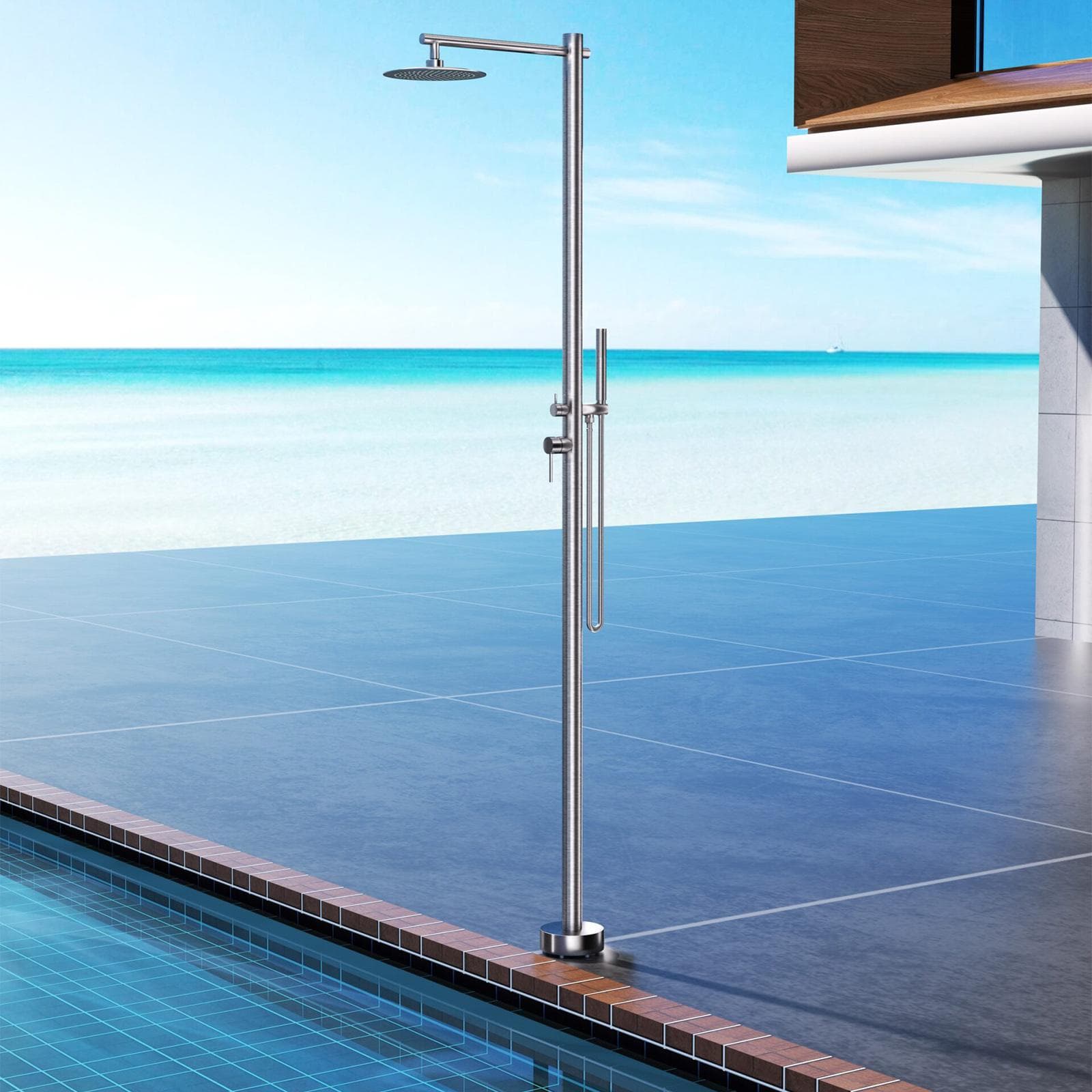 Colonna doccia da esterno 220h cm con doccino in acciaio inox 316 cromo - Kastas