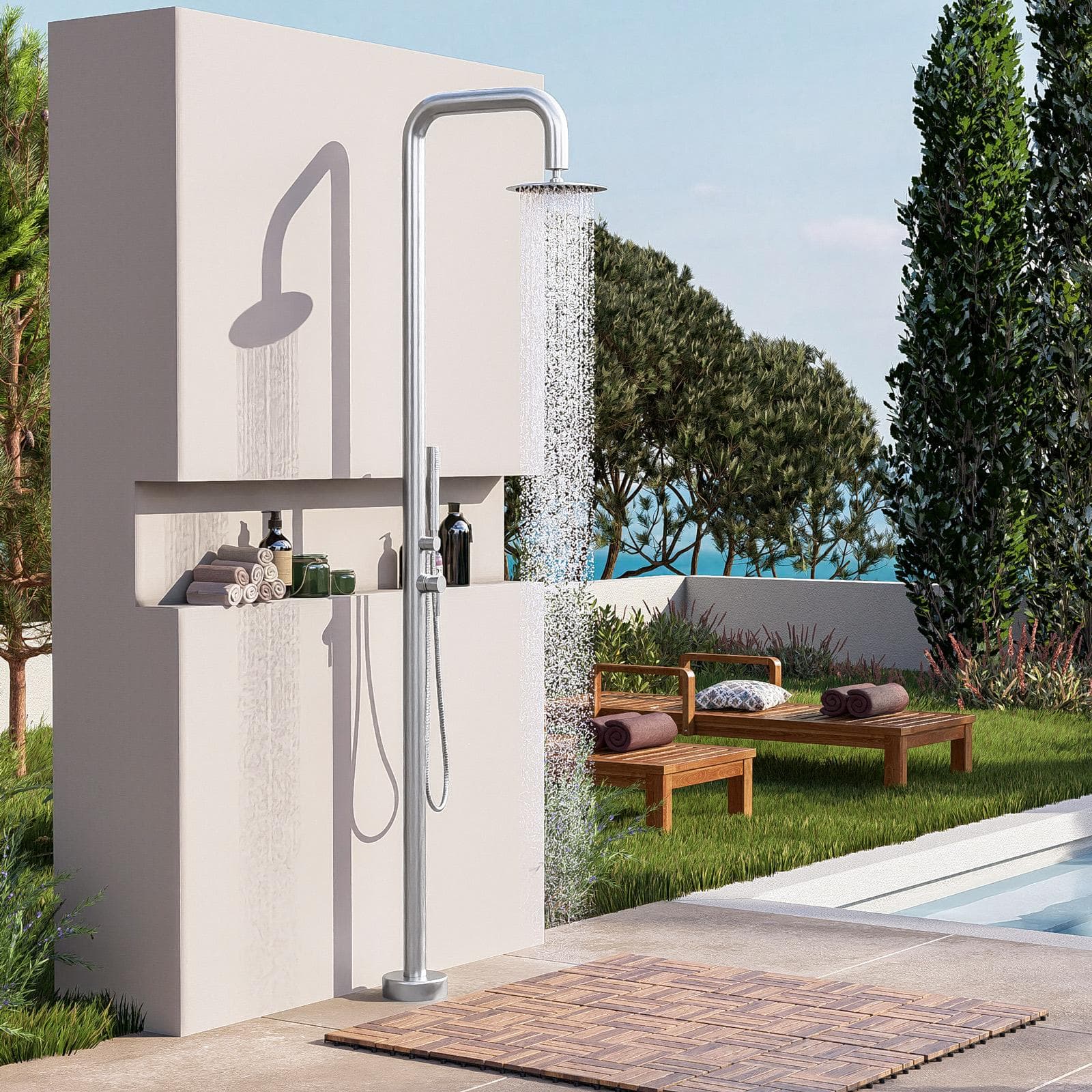 Colonna doccia da esterno 222h cm con soffione e doccino in acciaio inox 304 cromo - Kokorito