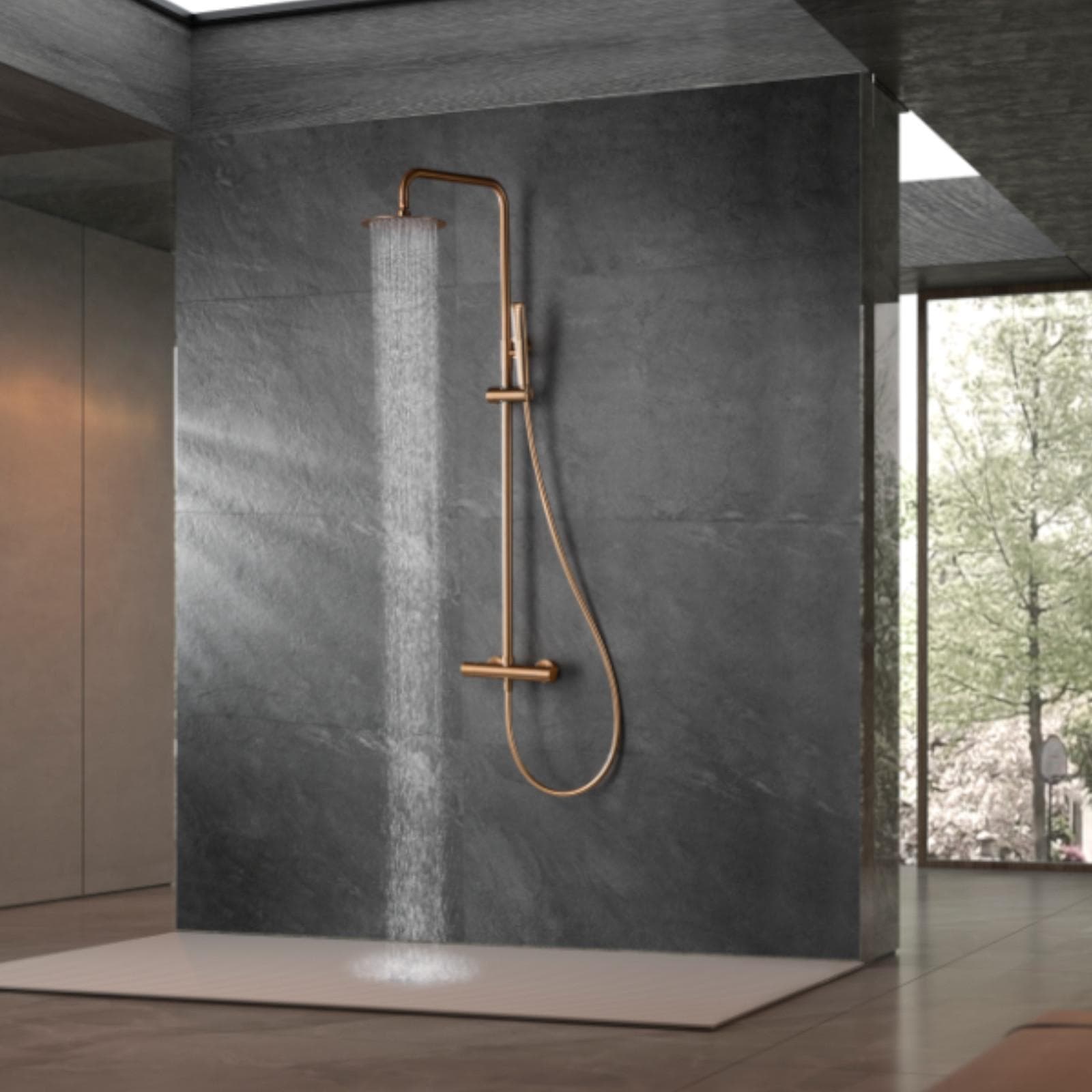 Colonna doccia in acciaio inox 304 con miscelatore termostatico in ottone oro rosa spazzolato - Tilli