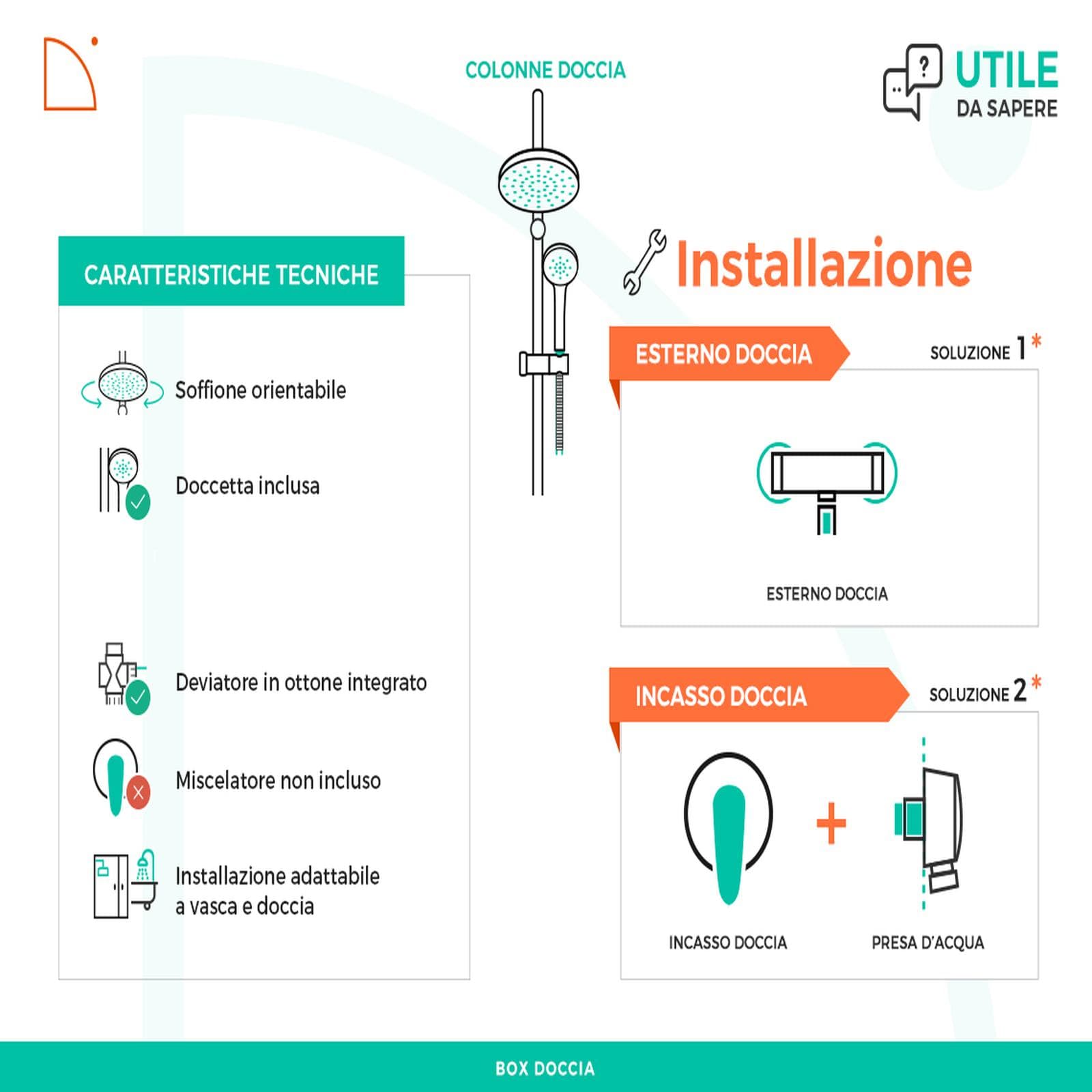 Colonna doccia in ottone cromato con soffione e doccino monogetto - Ribbon