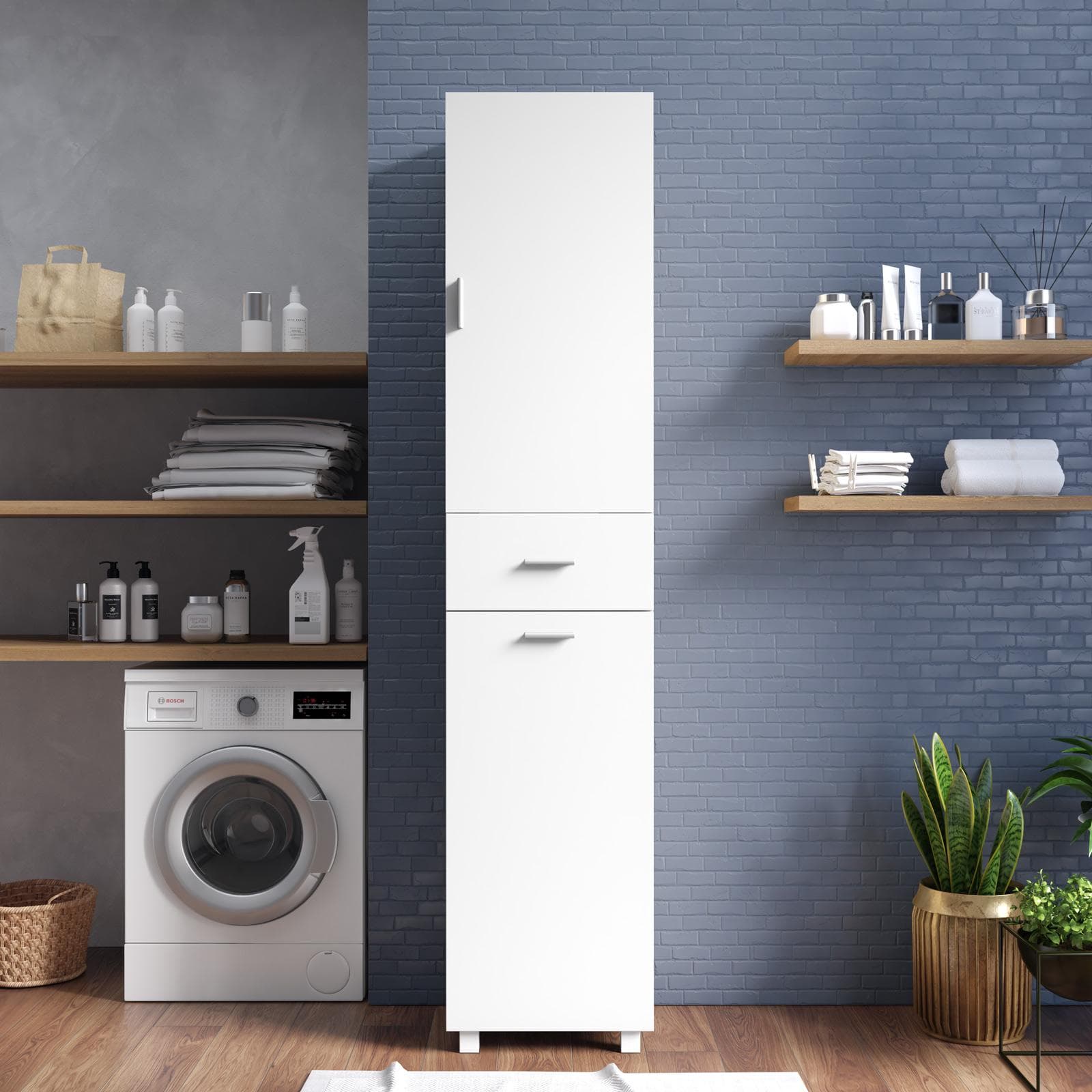 Colonna multiuso 43x196h cm con 1 cassetto e 2 ante con cesto portabiancheria bianco opaco - Iceberg
