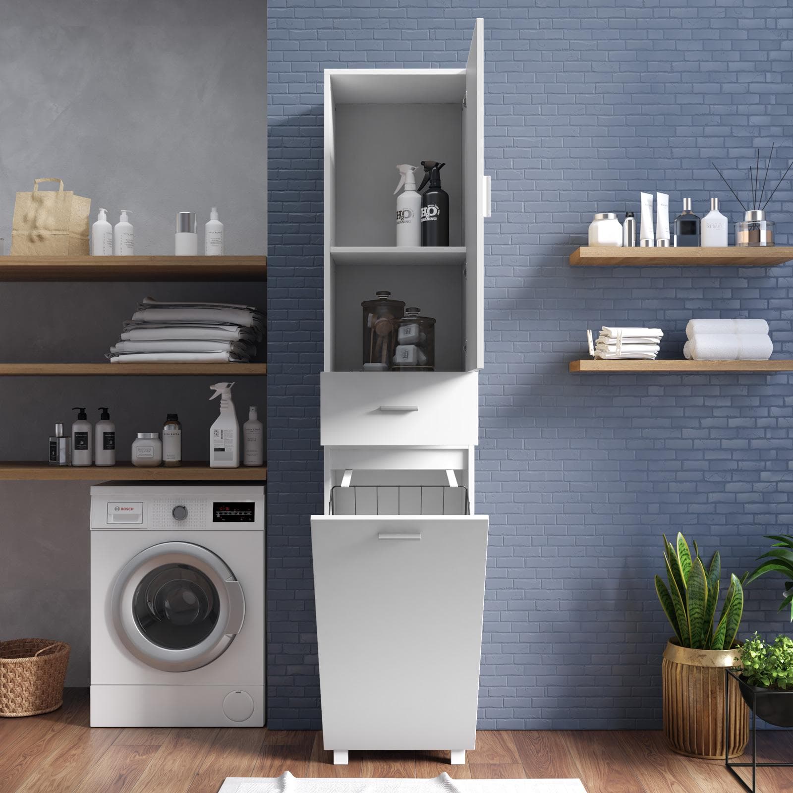 Colonna multiuso 43x196h cm con 1 cassetto e 2 ante con cesto portabiancheria bianco opaco - Iceberg