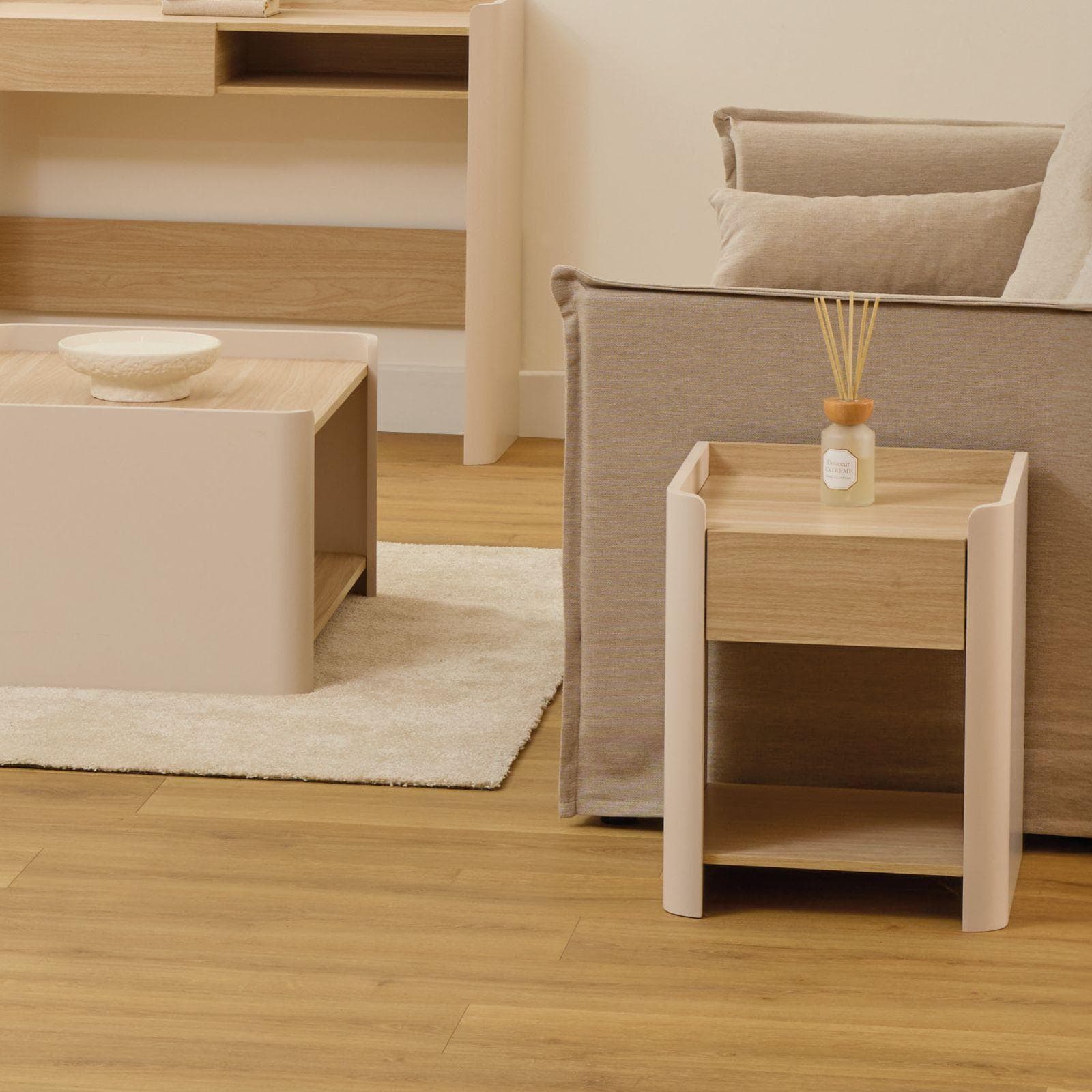 HIRO COMODINO L. 40 X P. 40 X H. 50 CM 1 CASSETTO CASHMERE E LEGNO CHIARO +