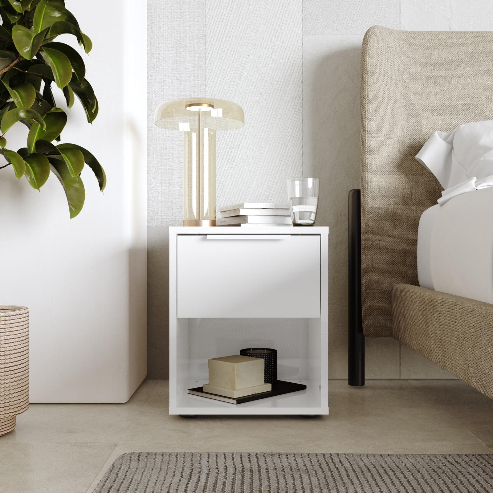 Comodino 38x44h cm bianco lucido con 1 cassetto - Delhi