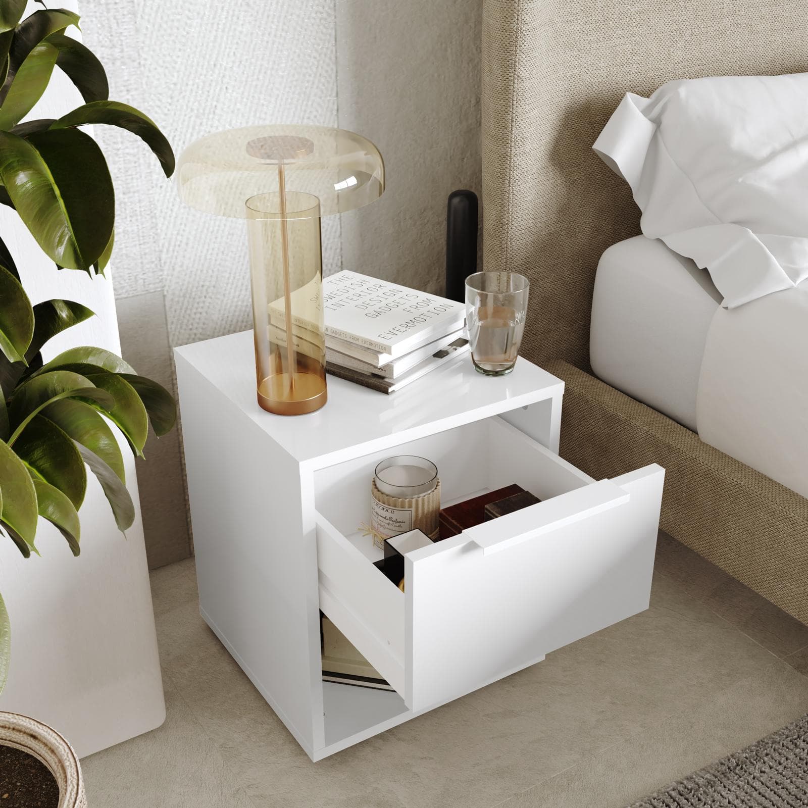Comodino 38x44h cm bianco lucido con 1 cassetto - Delhi