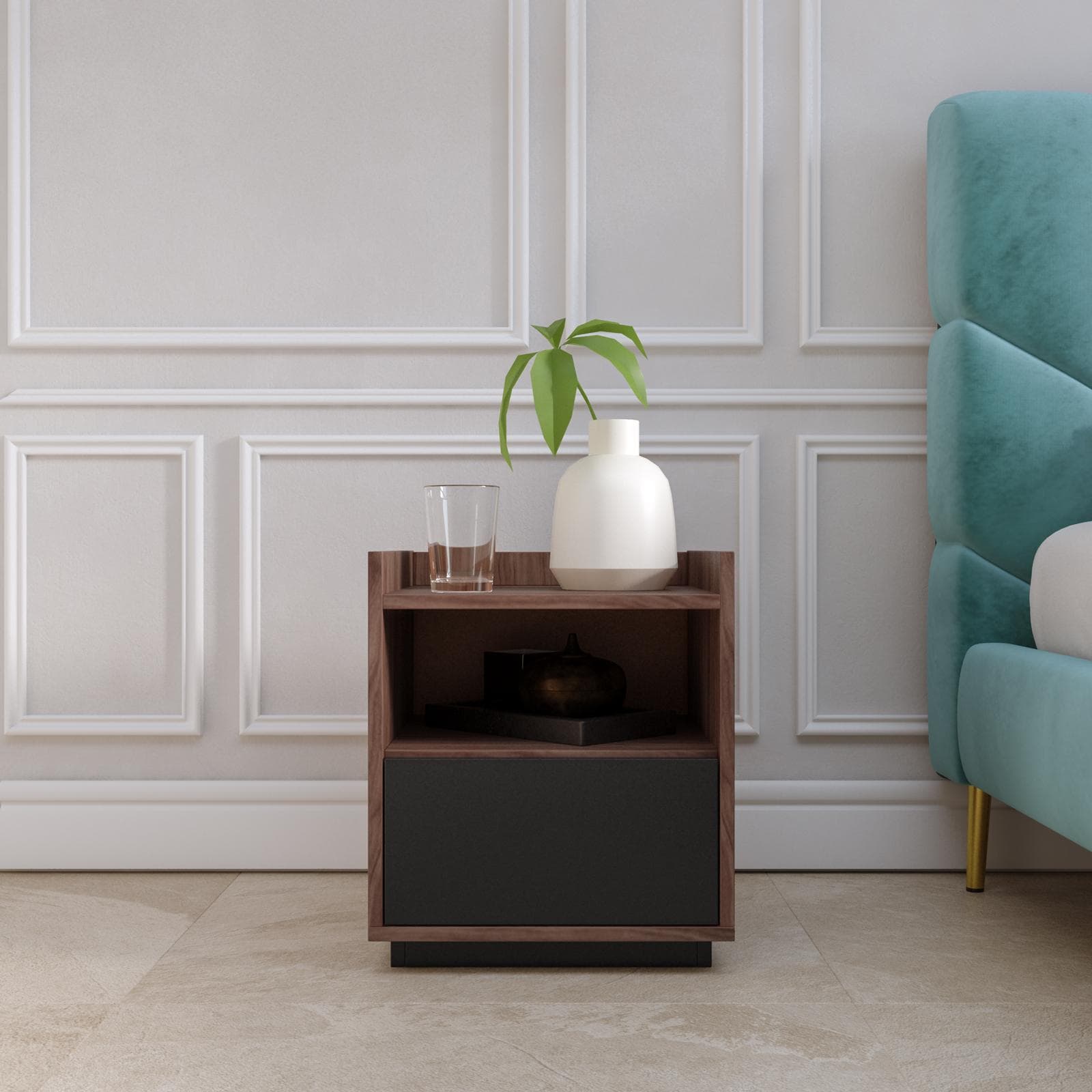 Comodino 40x46h cm effetto noce con 1 cassetto e vano a giorno - Eldora