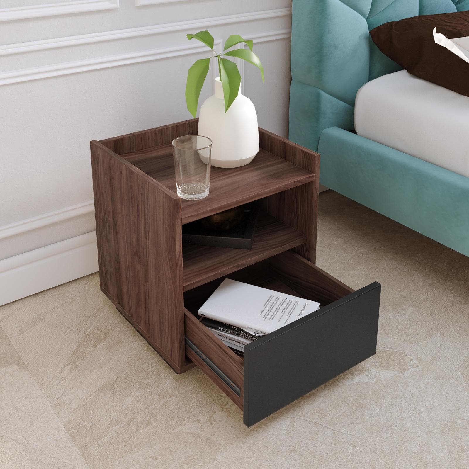 Comodino 40x46h cm effetto noce con 1 cassetto e vano a giorno - Eldora
