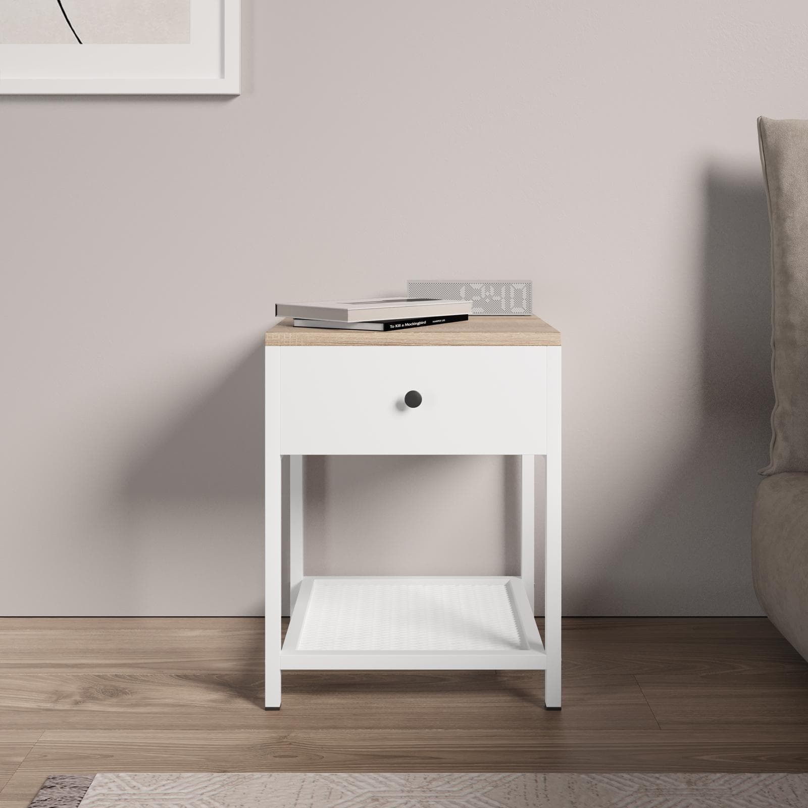 Comodino 40x51h cm in acciaio bianco e top rovere con cassetto e ripiano - Sheryl