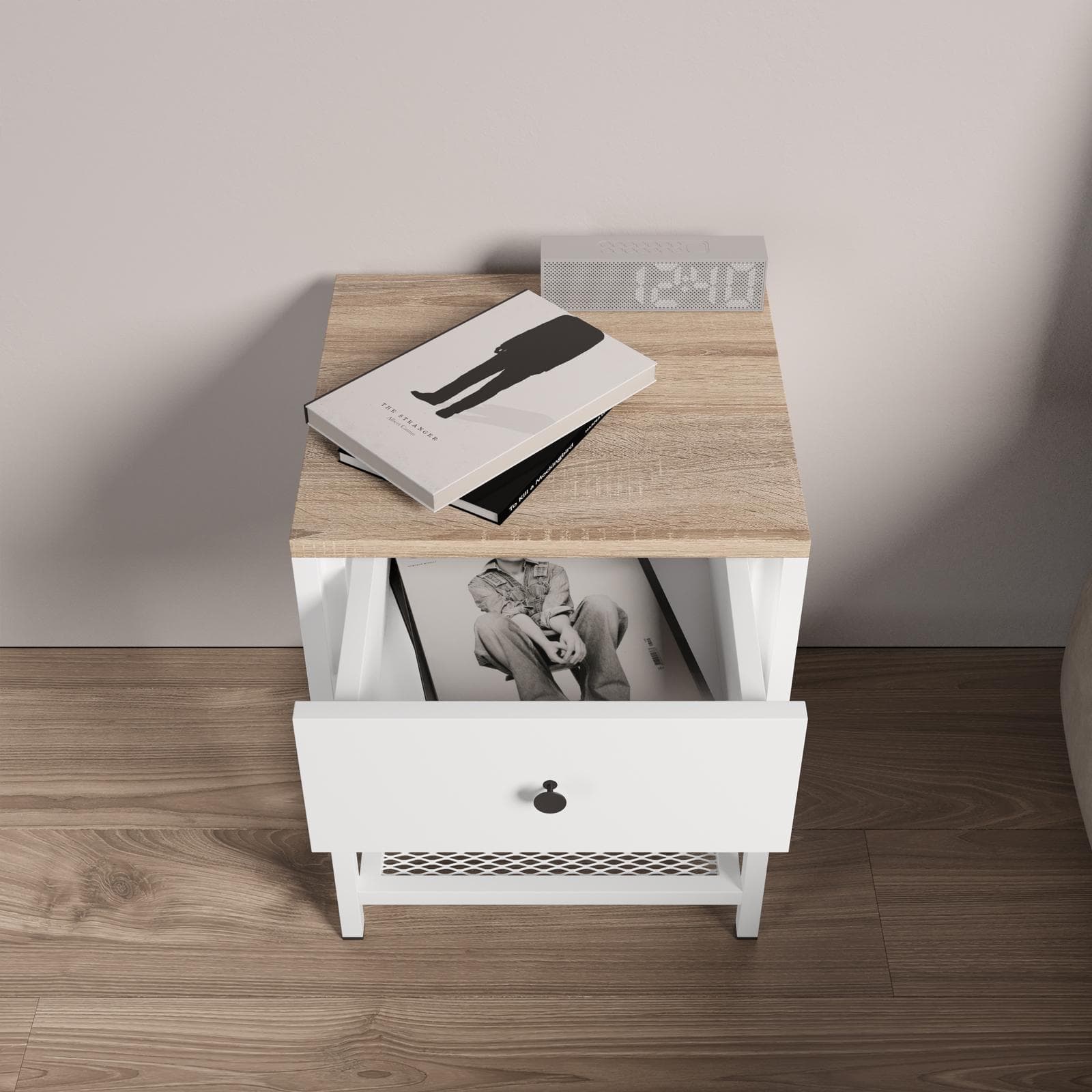 Comodino 40x51h cm in acciaio bianco e top rovere con cassetto e ripiano - Sheryl
