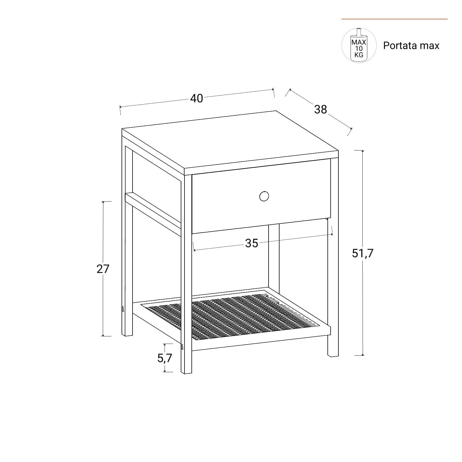 Comodino 40x51h cm in acciaio bianco e top rovere con cassetto e ripiano - Sheryl