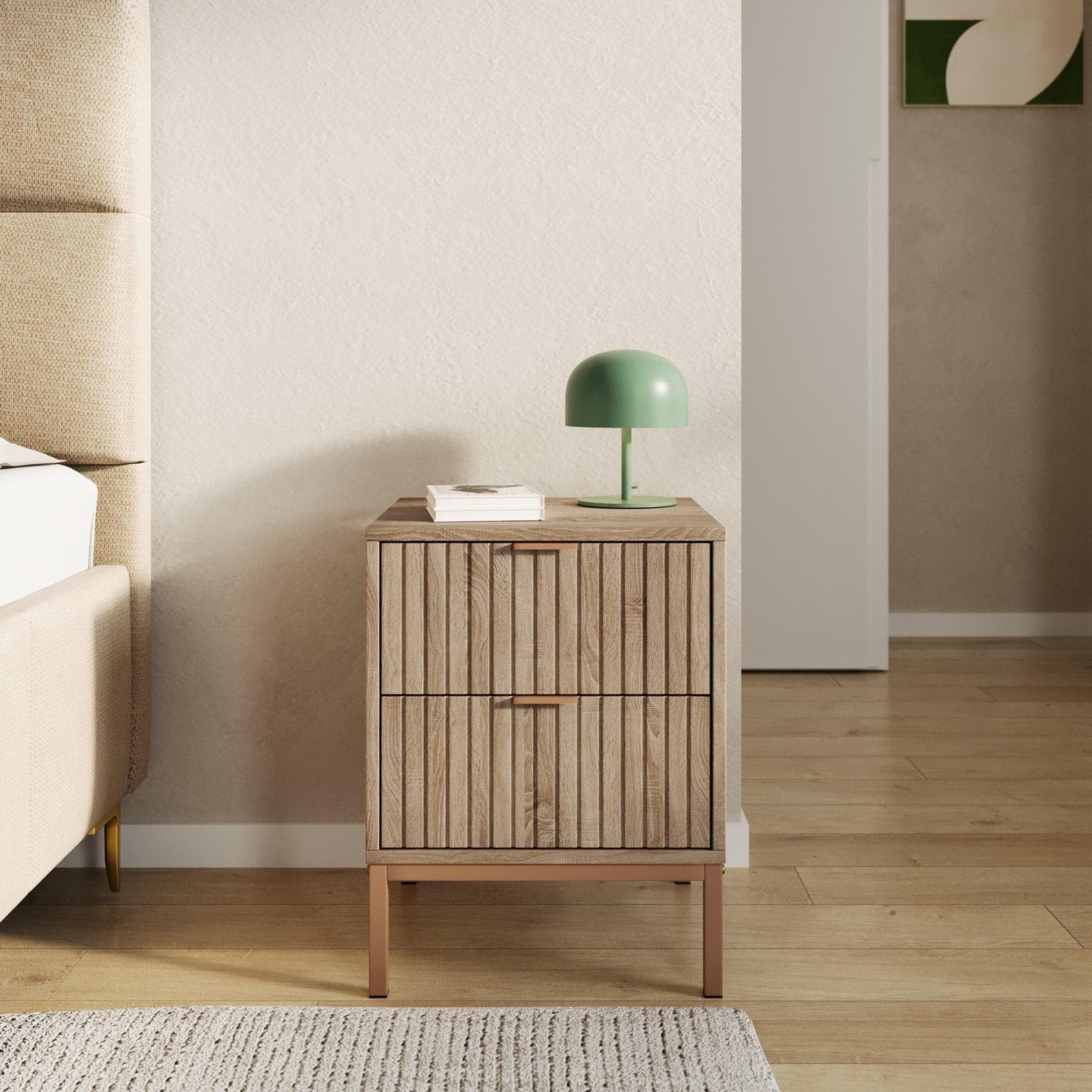 Comodino 40x53h cm rovere cannettato con 2 cassetti e struttura in acciaio oro bronzato - Kloser