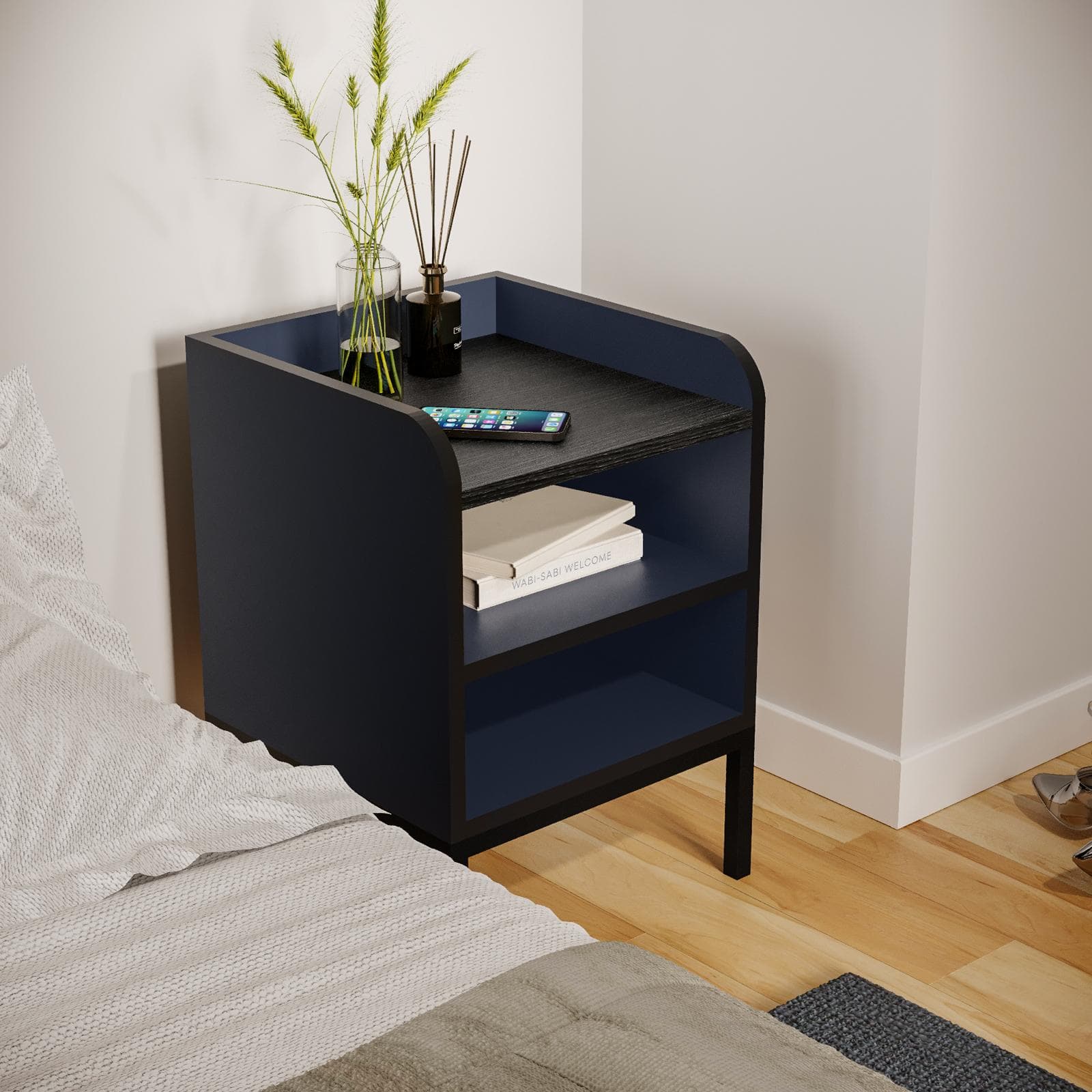 Comodino 40x55h cm blu con 2 vani a giorno e gambe in metallo nero - Jewel