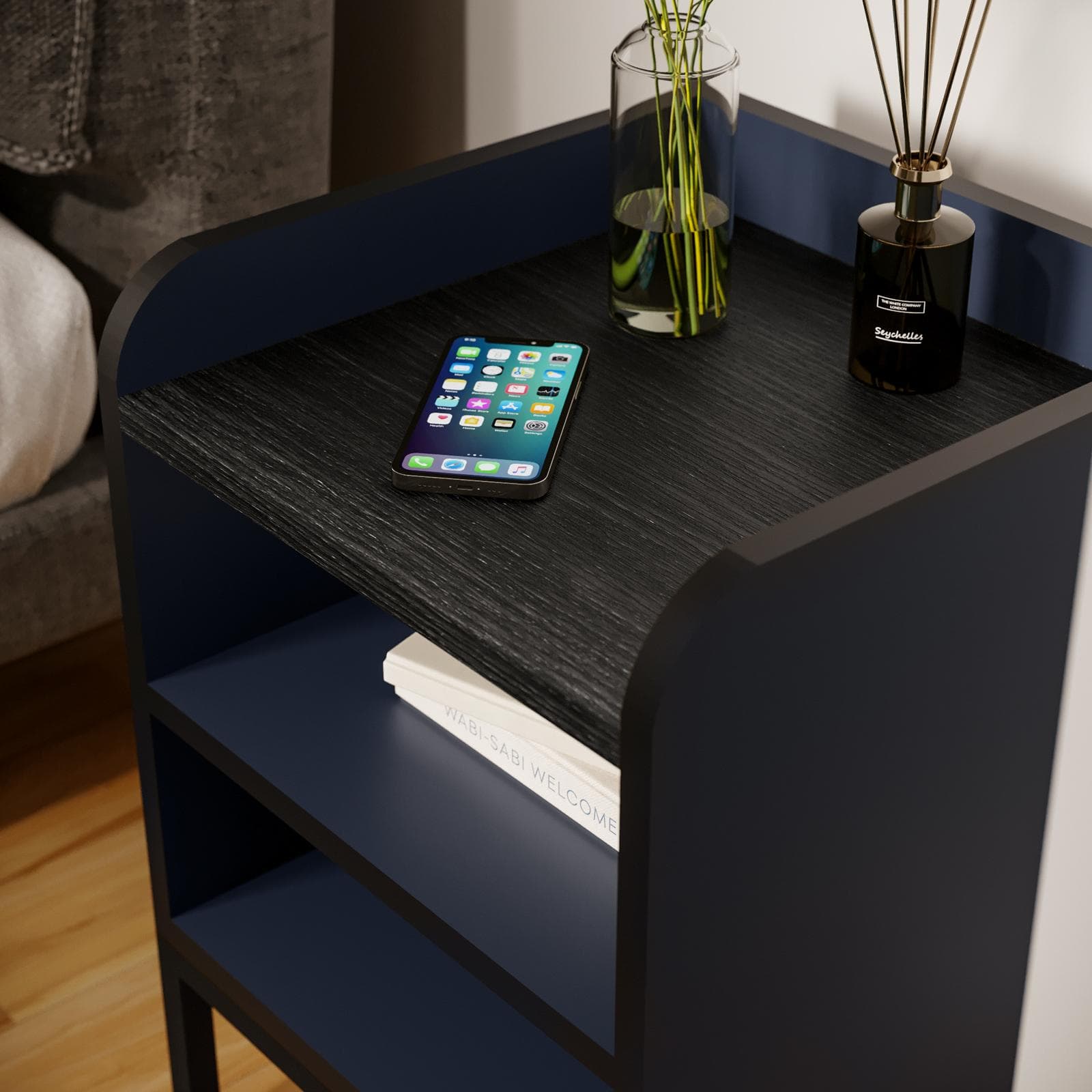 Comodino 40x55h cm blu con 2 vani a giorno e gambe in metallo nero - Jewel