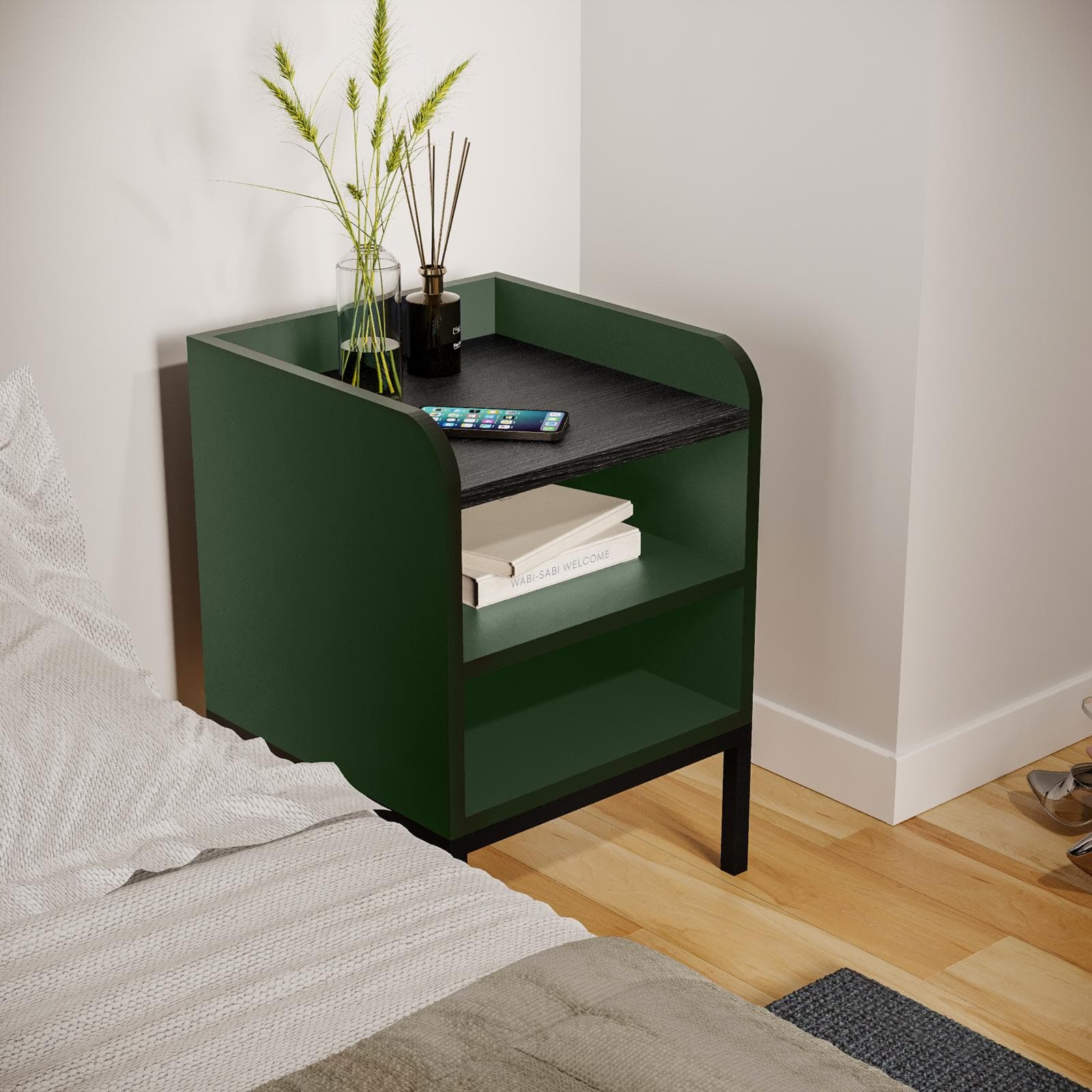 Comodino 40x55h cm verde con 2 vani a giorno e gambe in metallo nero - Jewel
