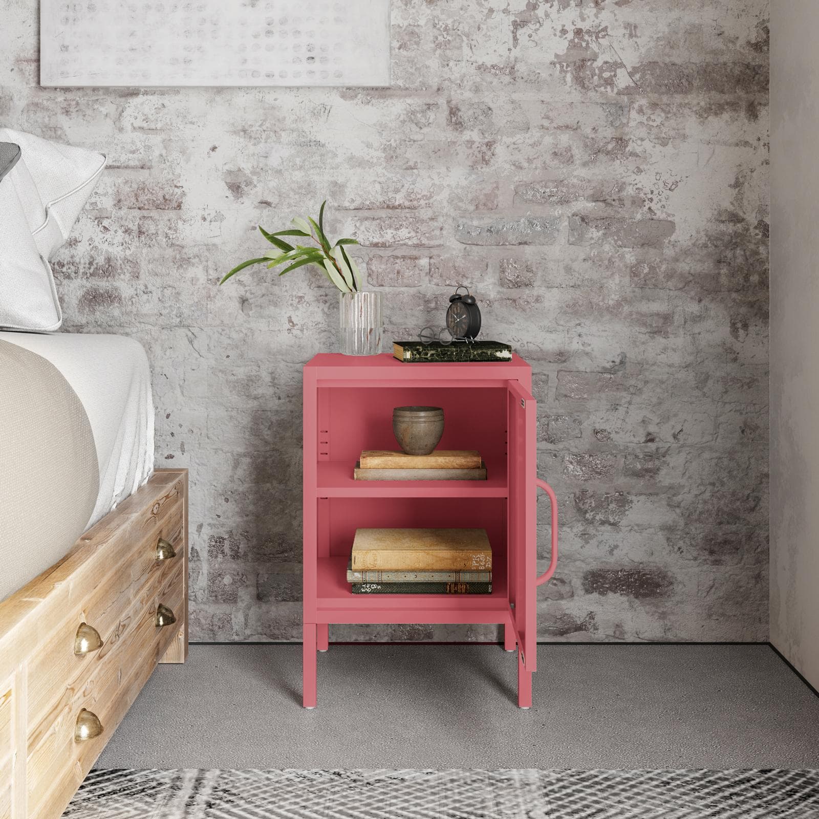 Comodino 40x60h cm in acciaio verniciato rosa con 1 anta - Easton