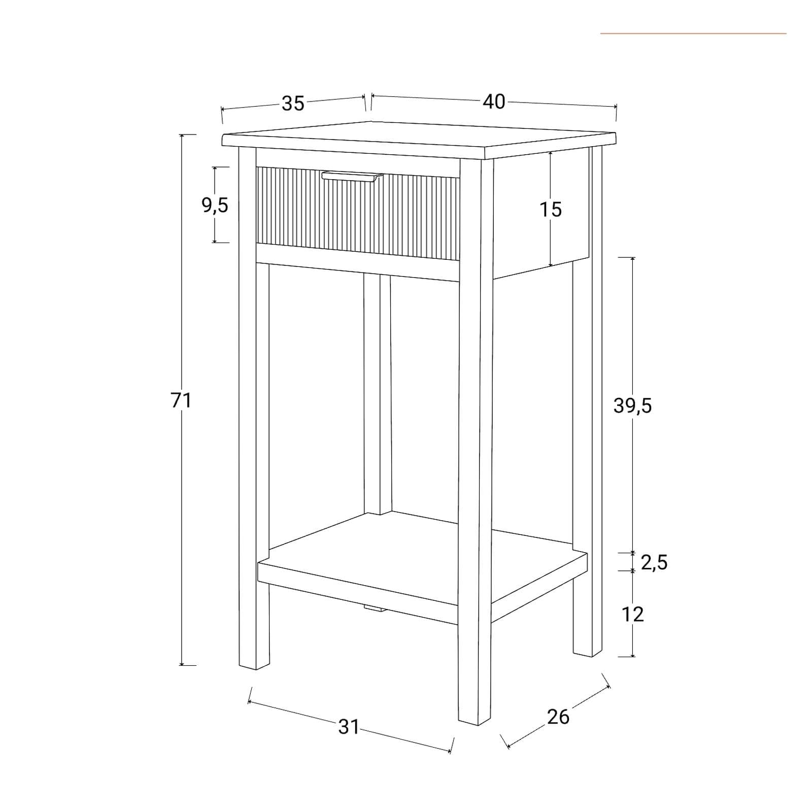 Comodino 40x71h cm con 1 cassetto in legno di pino nero cannettato con maniglia oro - Posh