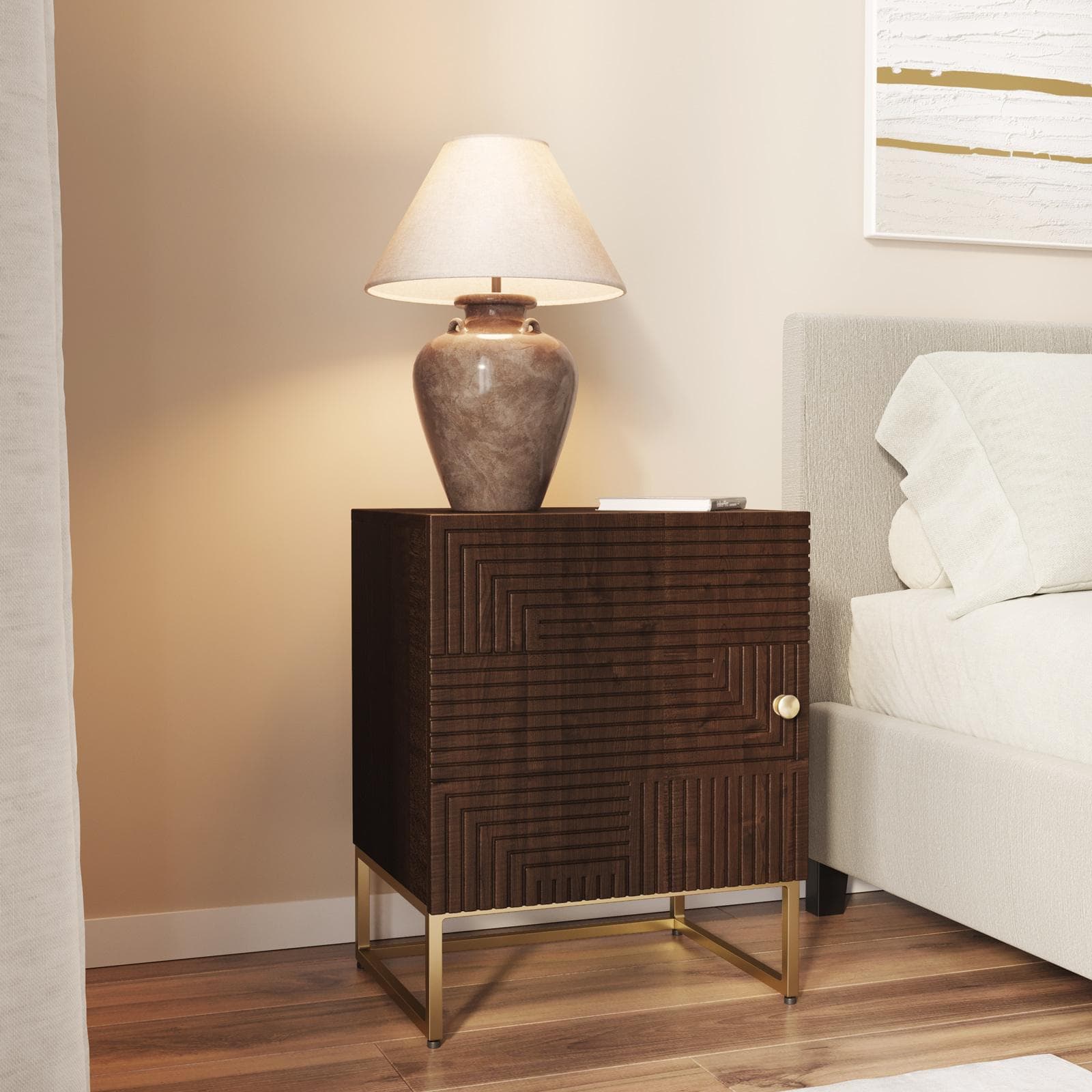Comodino 45x45h cm in legno di mango cannettato e metallo con 1 anta - Lysandra