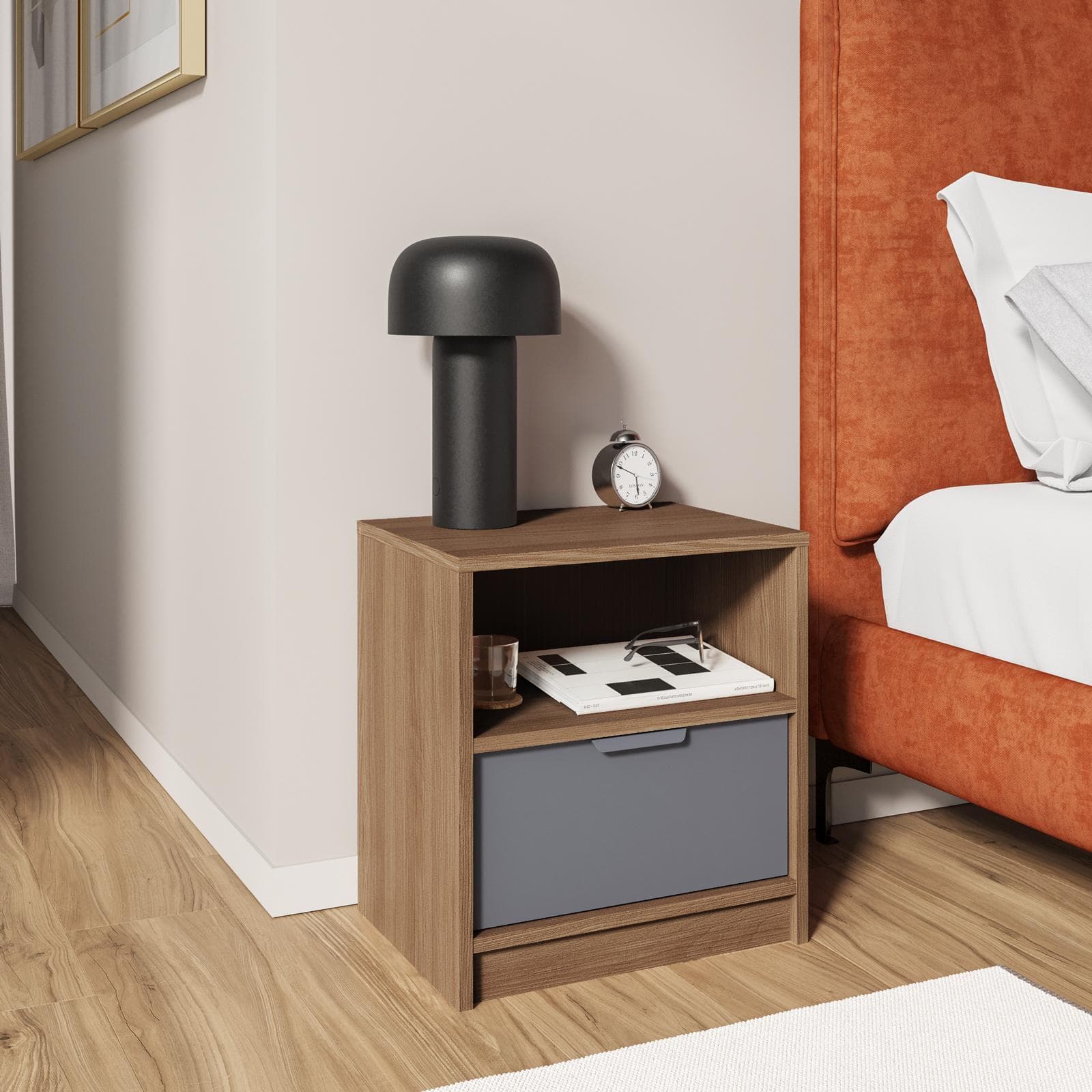 Comodino 45x49h cm legno antracite e rovere con 1 cassetto - Aubin