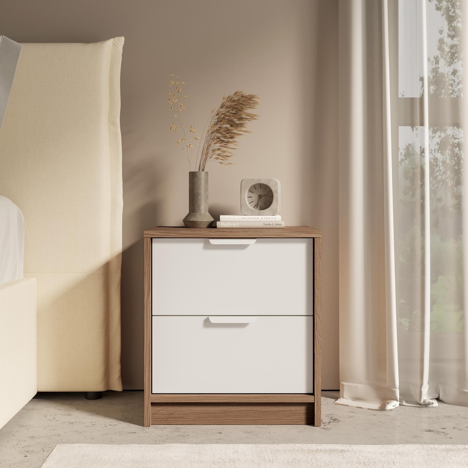 Comodino 45x49h cm legno bianco e rovere con 2 cassetti - Aubin