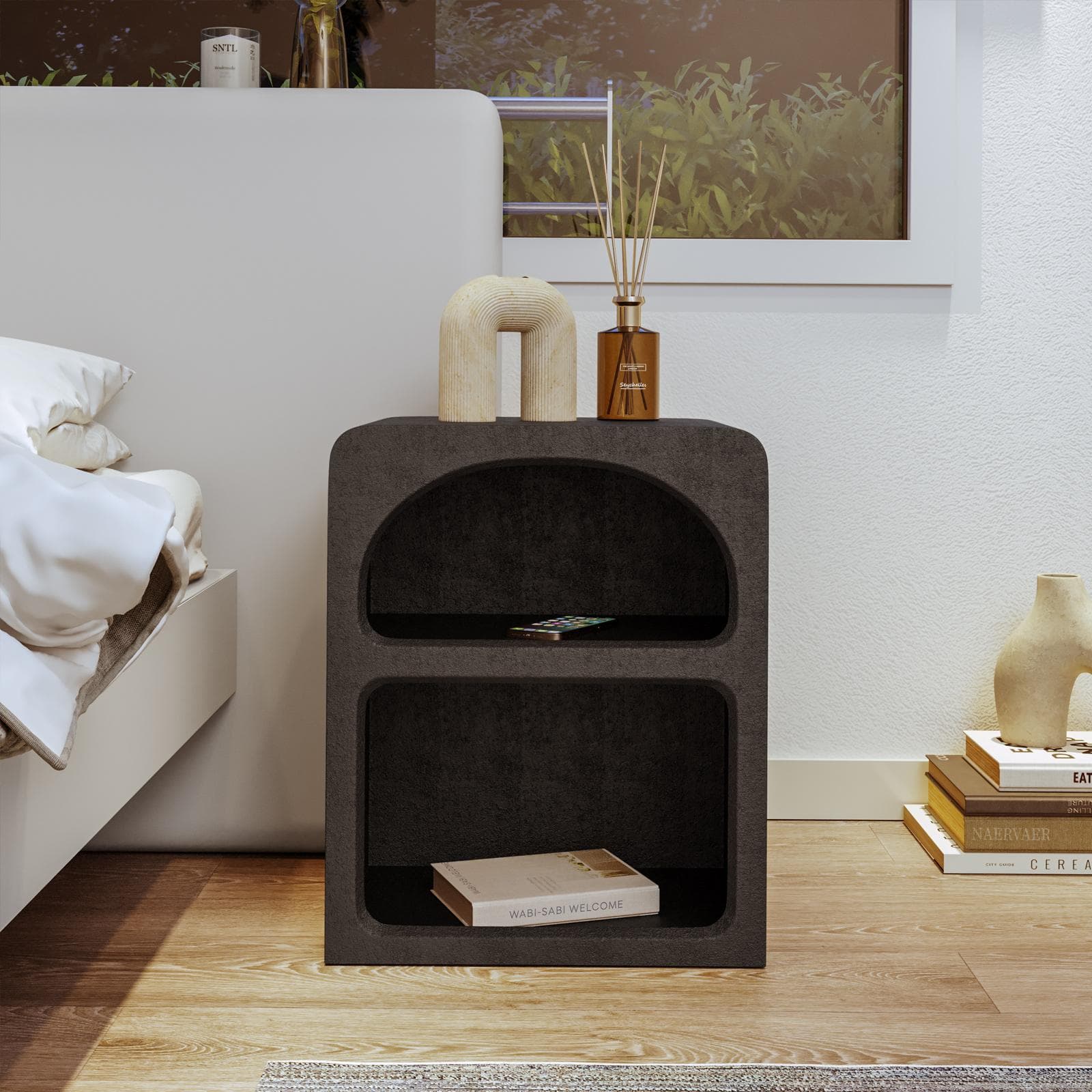 Comodino 45x55h cm in legno nero effetto pietra - Hermosa