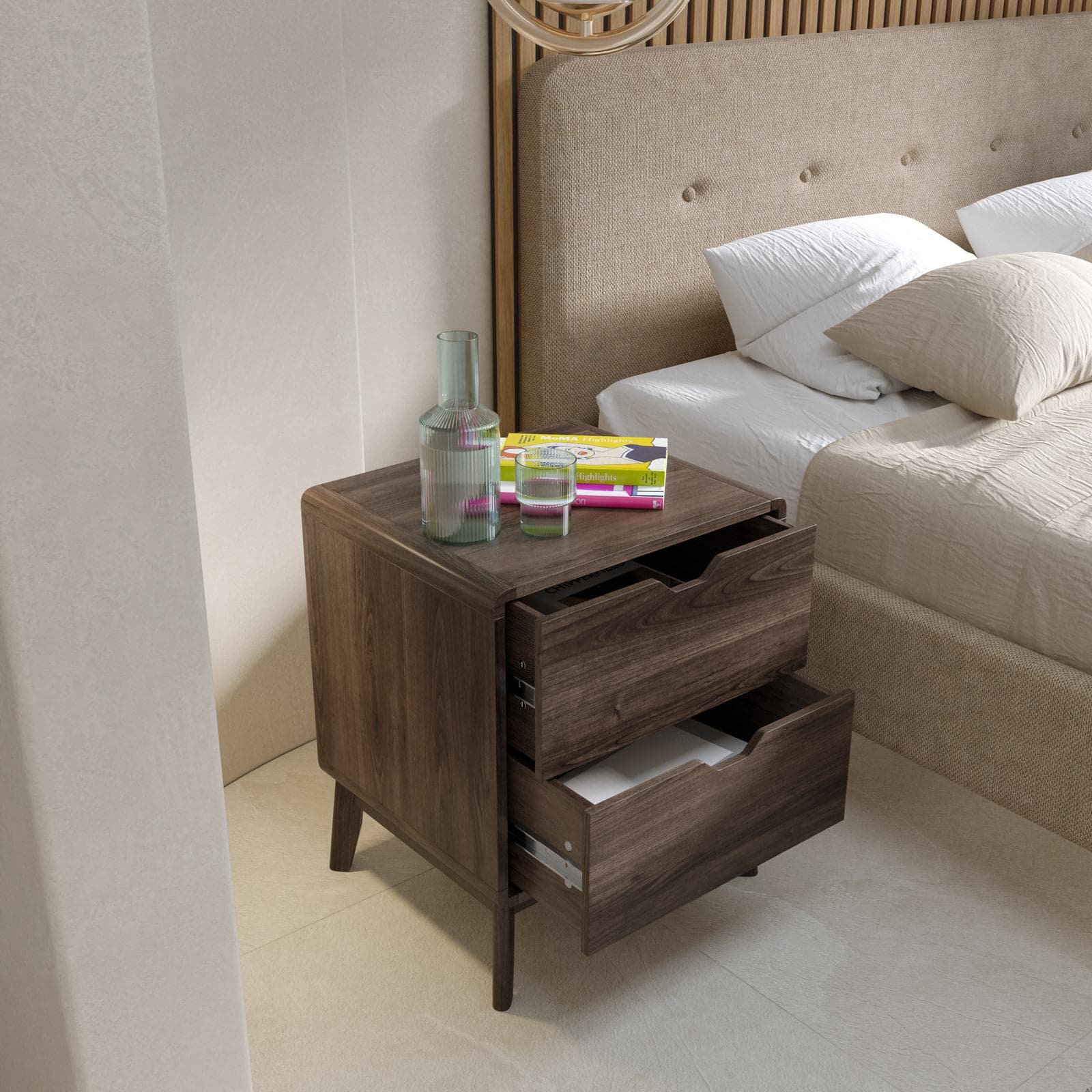 Comodino 45x55h cm in legno rovere kover con 2 cassetti - Ember