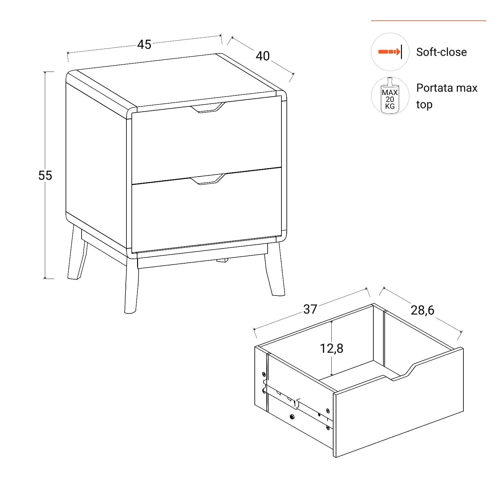 Comodino 45x55h cm in legno rovere kover con 2 cassetti - Ember
