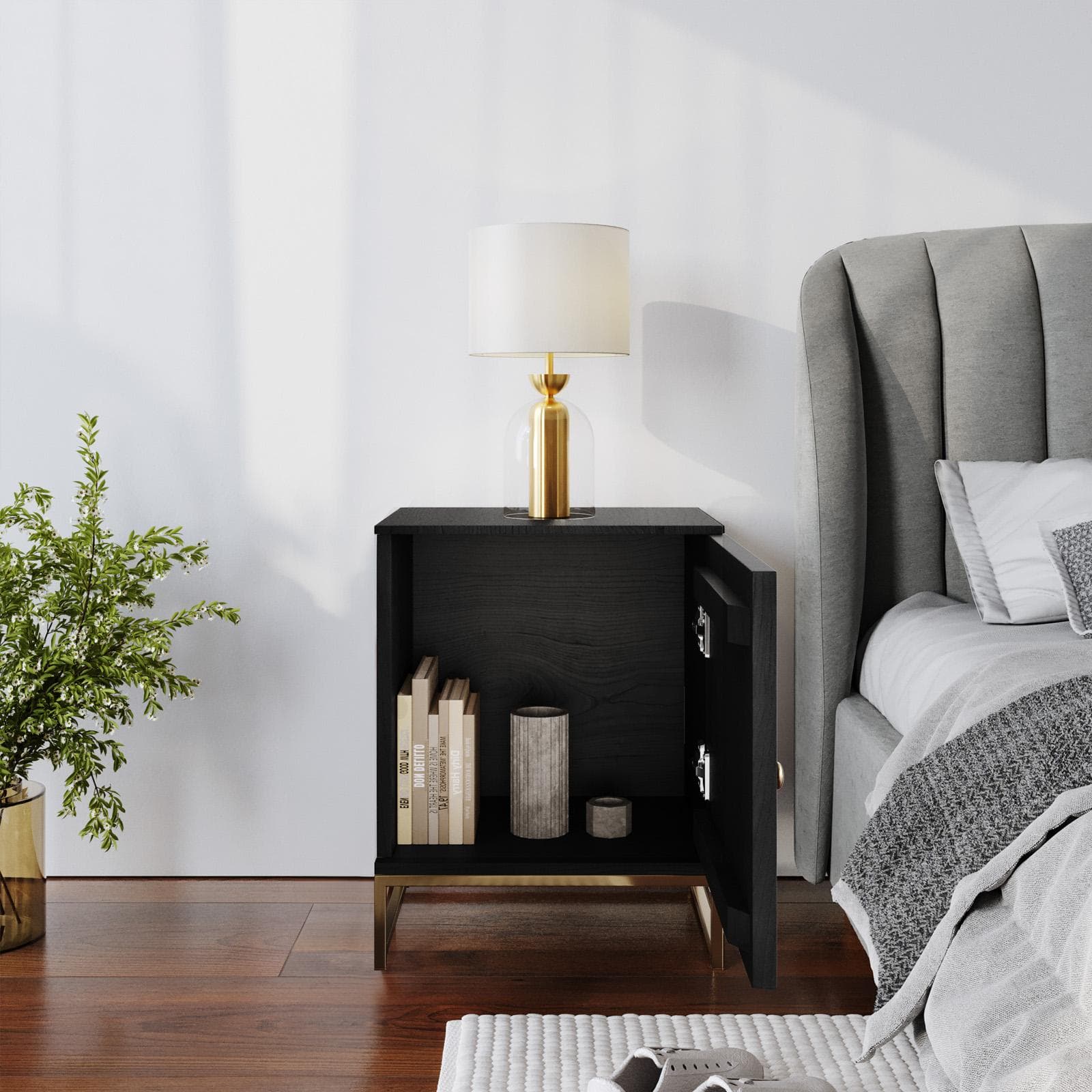 Comodino 45x57 cm in legno di mango nero cannettato e metallo oro - Dunkel