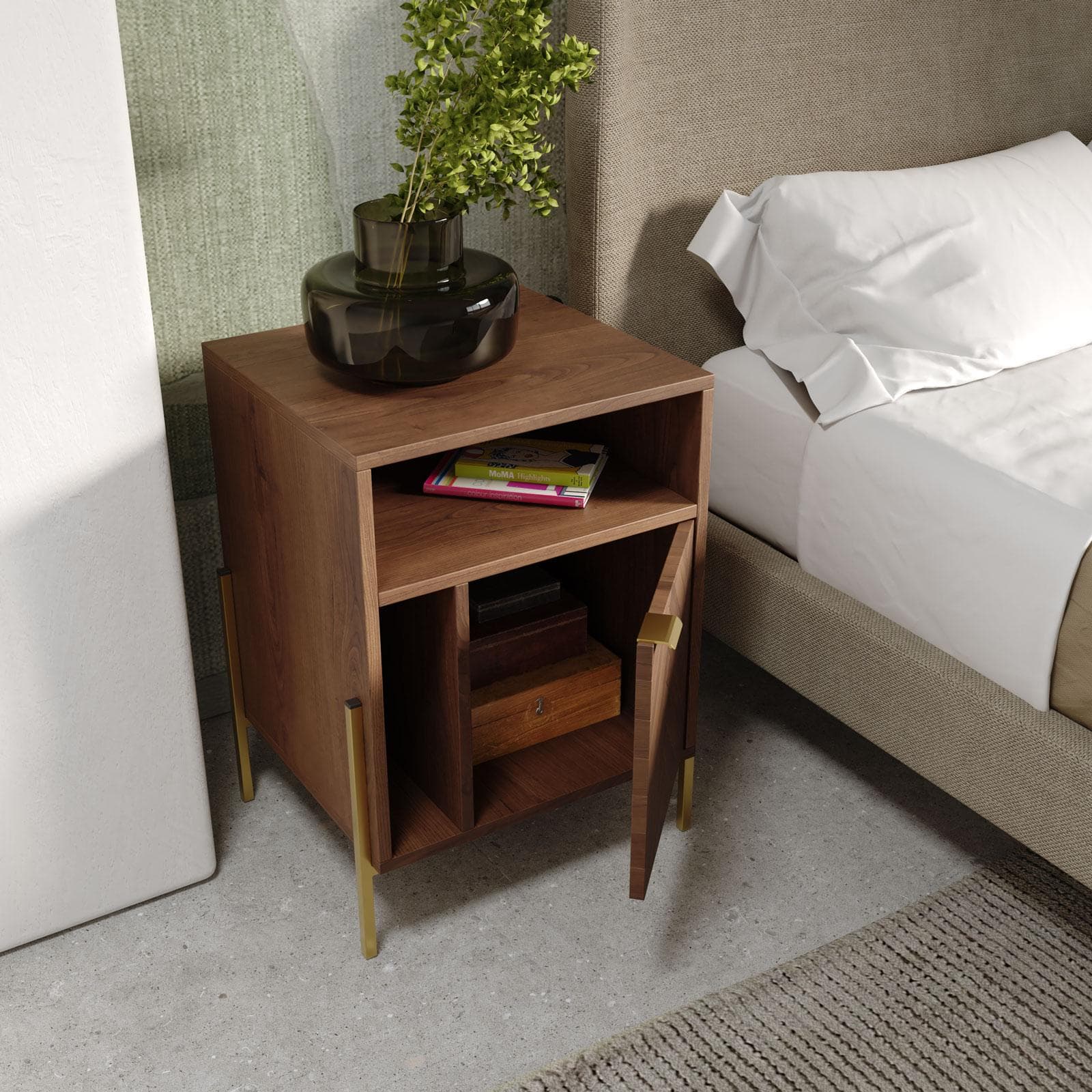 Comodino 45x60h cm in legno noce effetto parquet con 1 anta e struttura in metallo oro bronzato - Mufasa