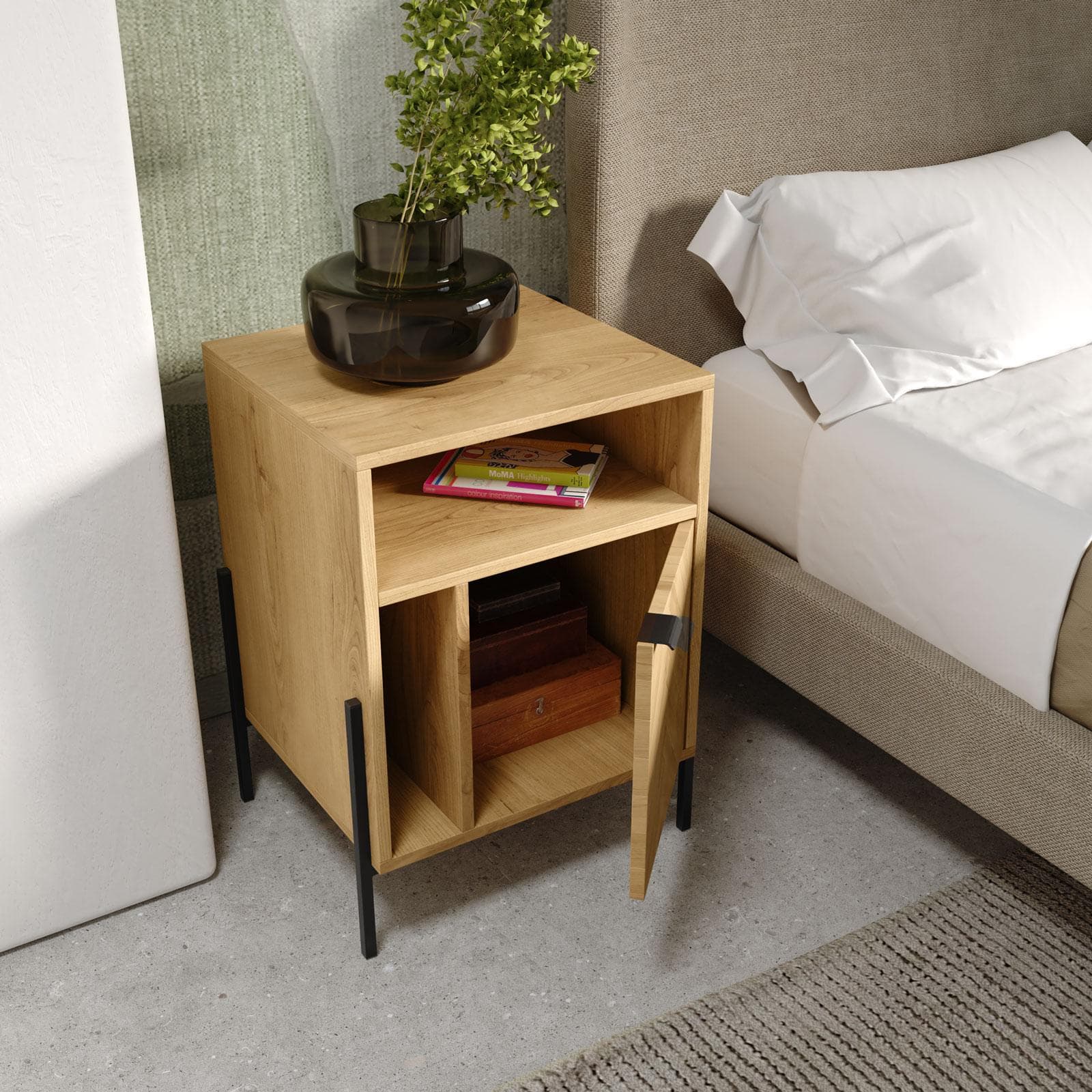 Comodino 45x60h cm in legno rovere chiaro effetto parquet con 1 anta e struttura in metallo nero opaco - Mufasa