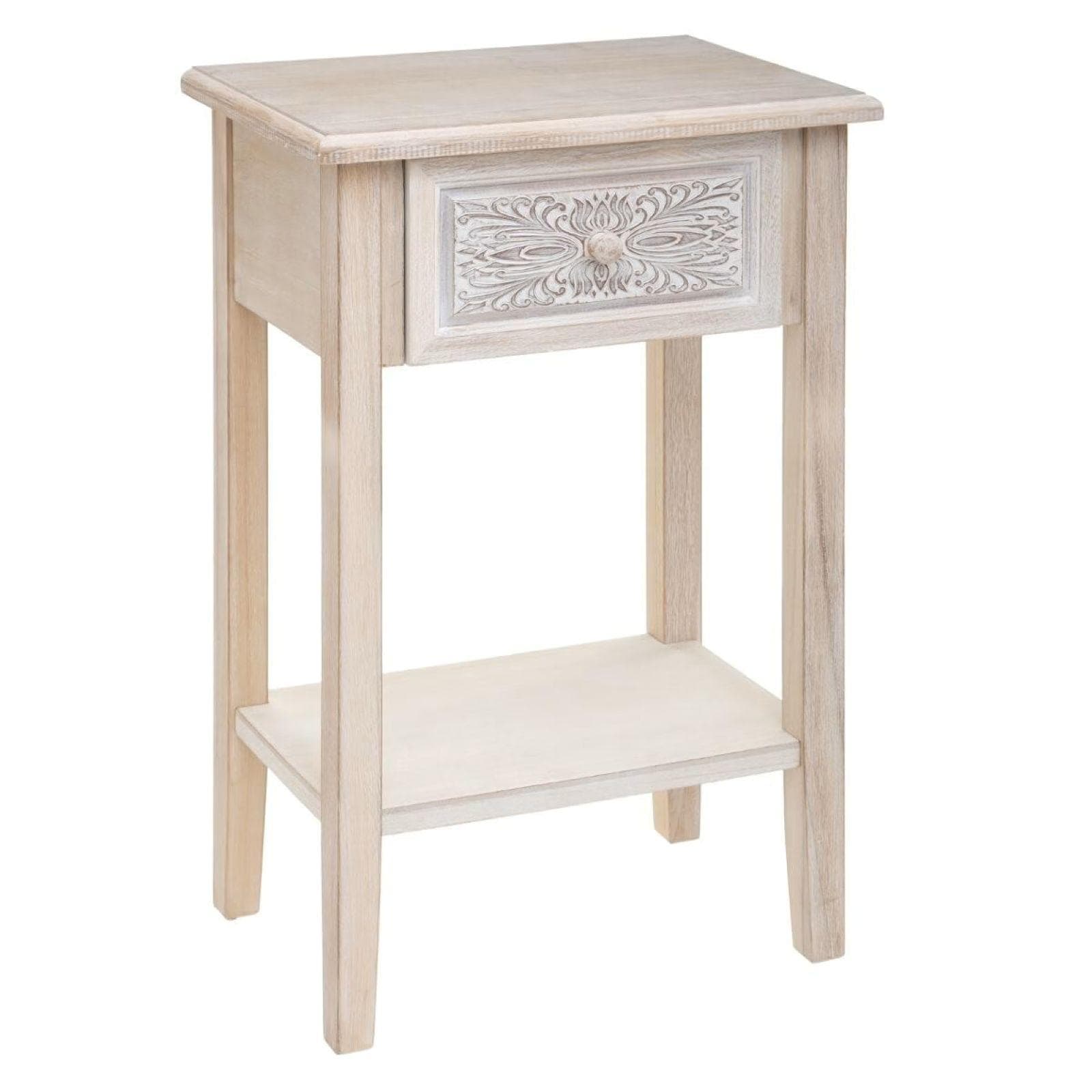 Comodino 45x67h cm in legno sbiancato con 1 cassetto decorato - Leandro