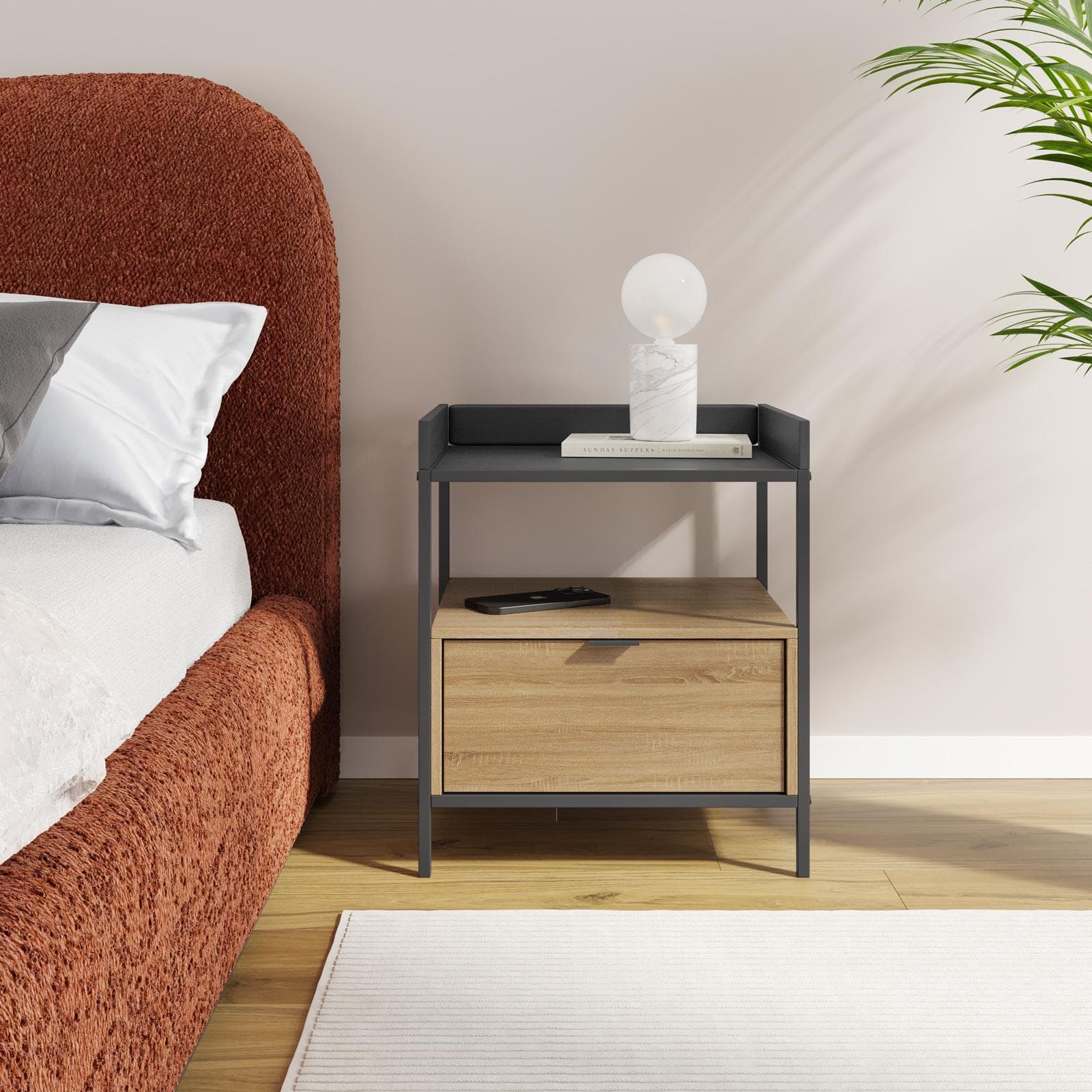 Comodino 48x40 cm effetto rovere grano e metallo nero con 1 cassetto - Puton