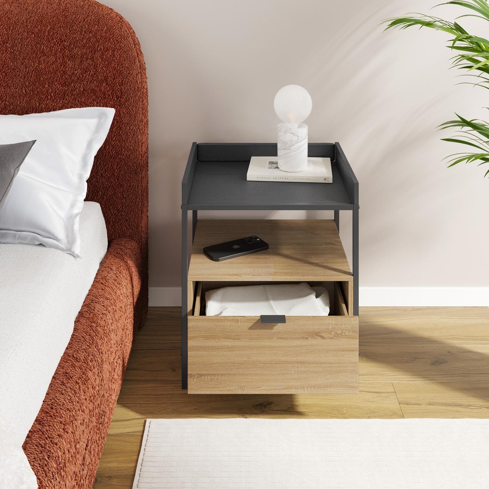 Comodino 48x40 cm effetto rovere grano e metallo nero con 1 cassetto - Puton