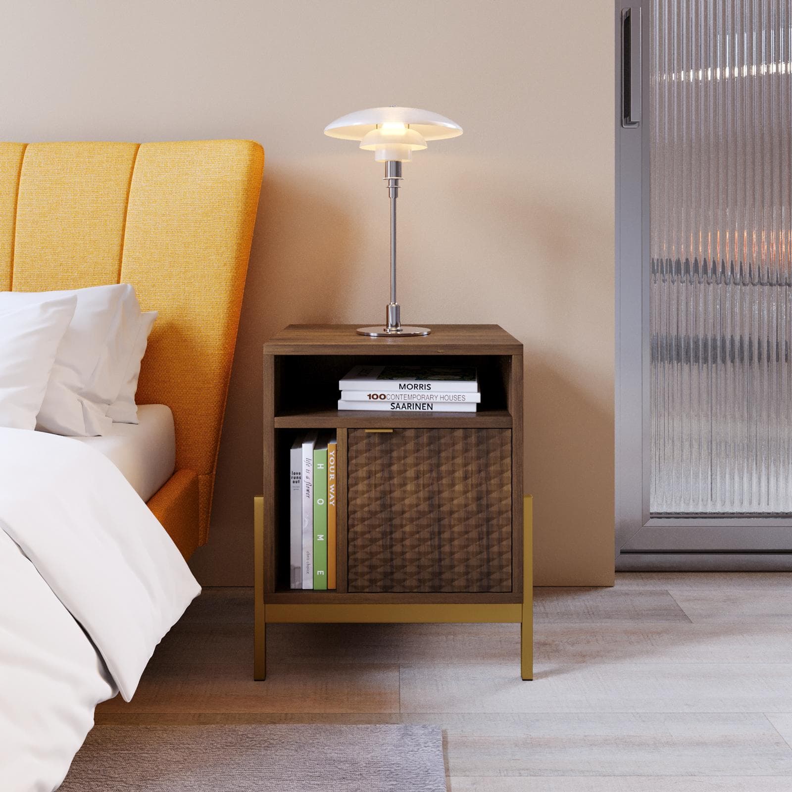 Comodino 48x40 cm noce con piedi in metallo oro bronzato e 1 anta decorata soft close - Kyra