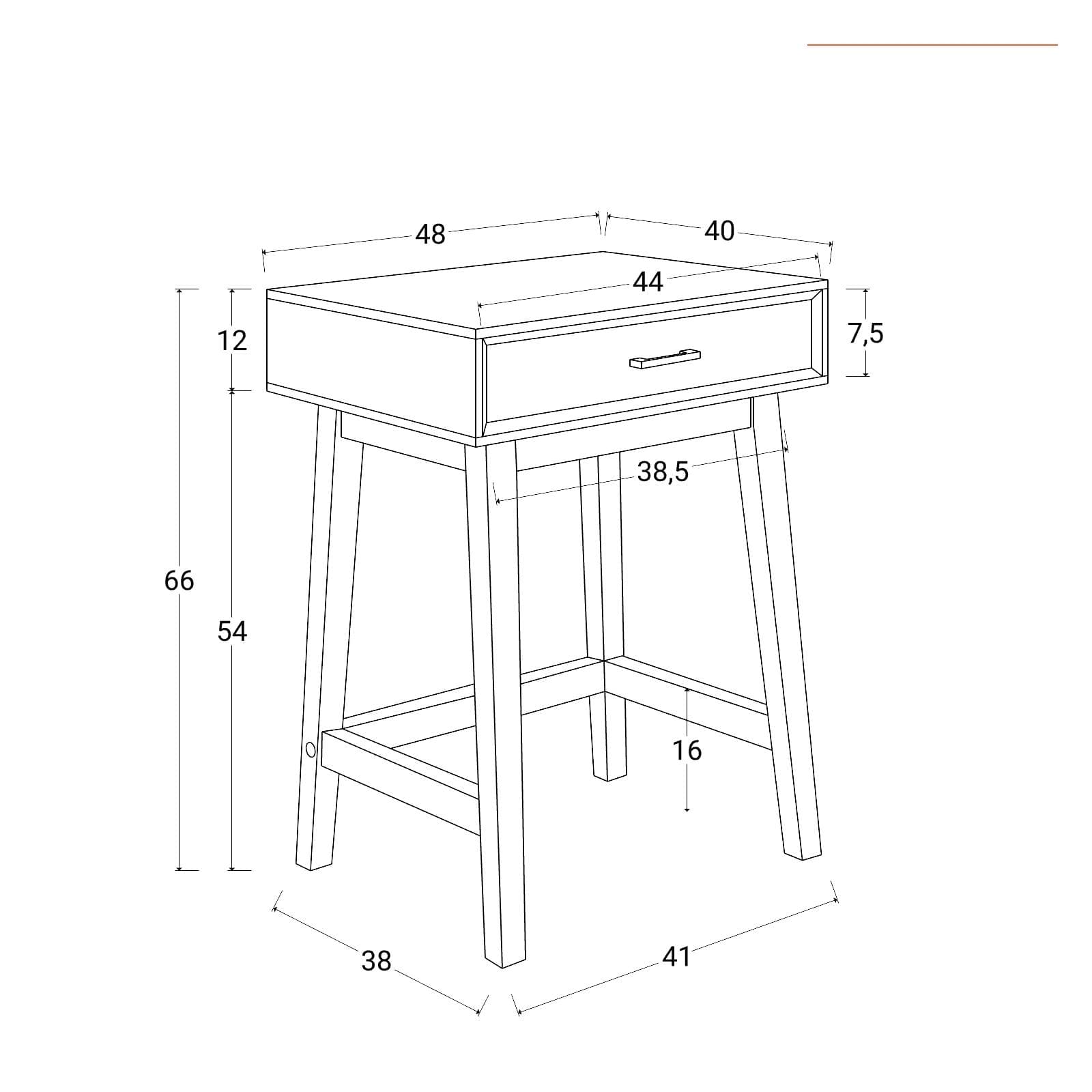 Comodino 48x66h cm in legno color castagno con 1 cassetto e maniglia dorata - Lilim