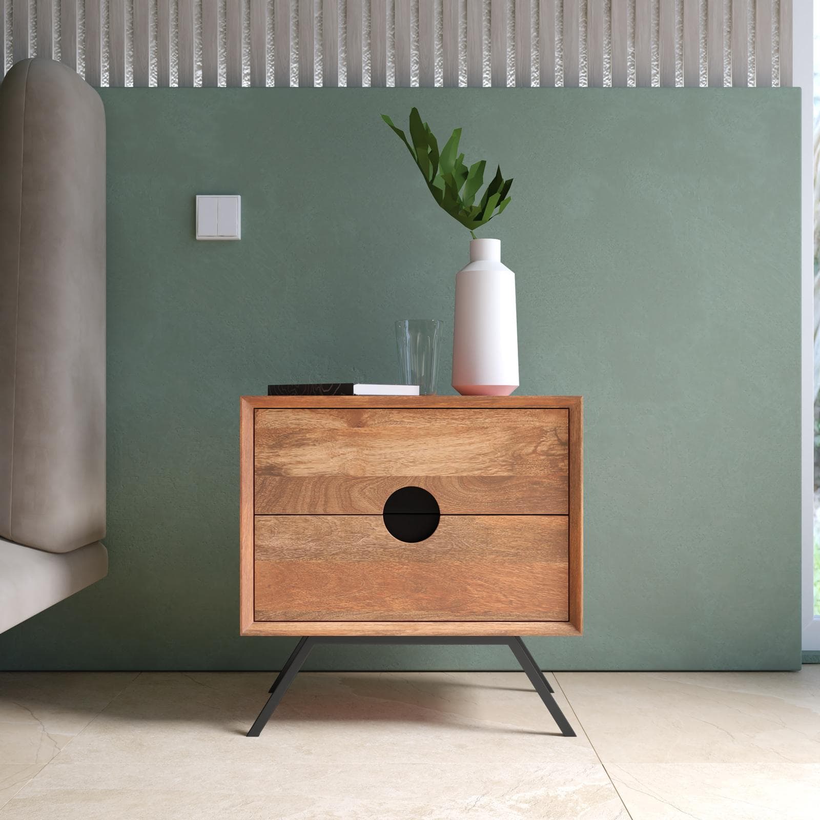 Comodino 50x50h cm in legno di acacia con 2 cassetti e piedi nero - Mareta