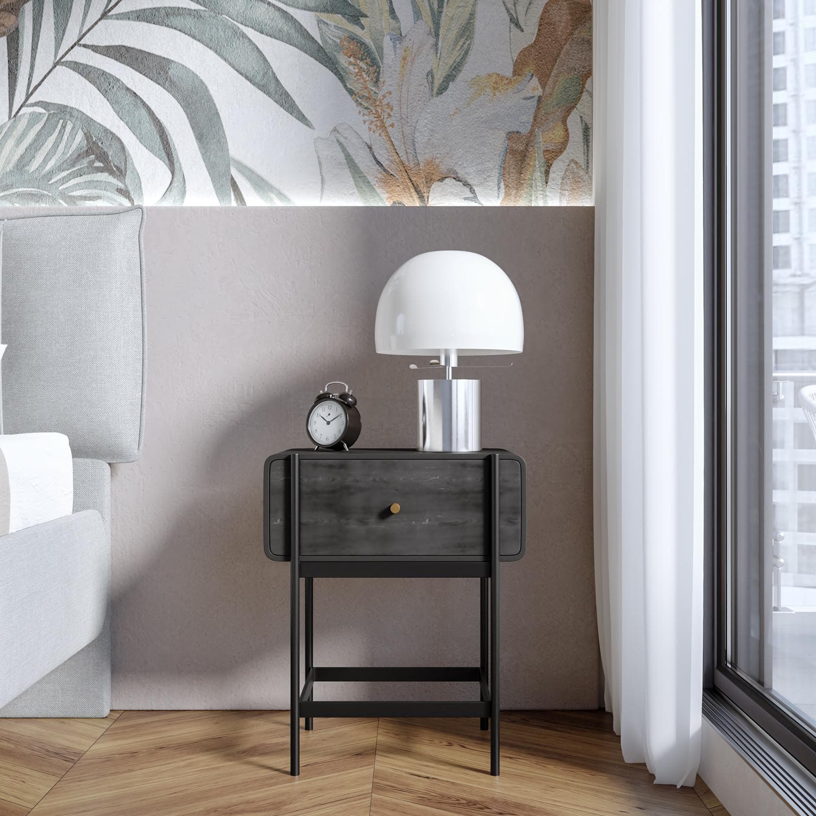 Comodino 50x61h cm in legno nero craven e metallo nero con 1 cassetto - Kirki