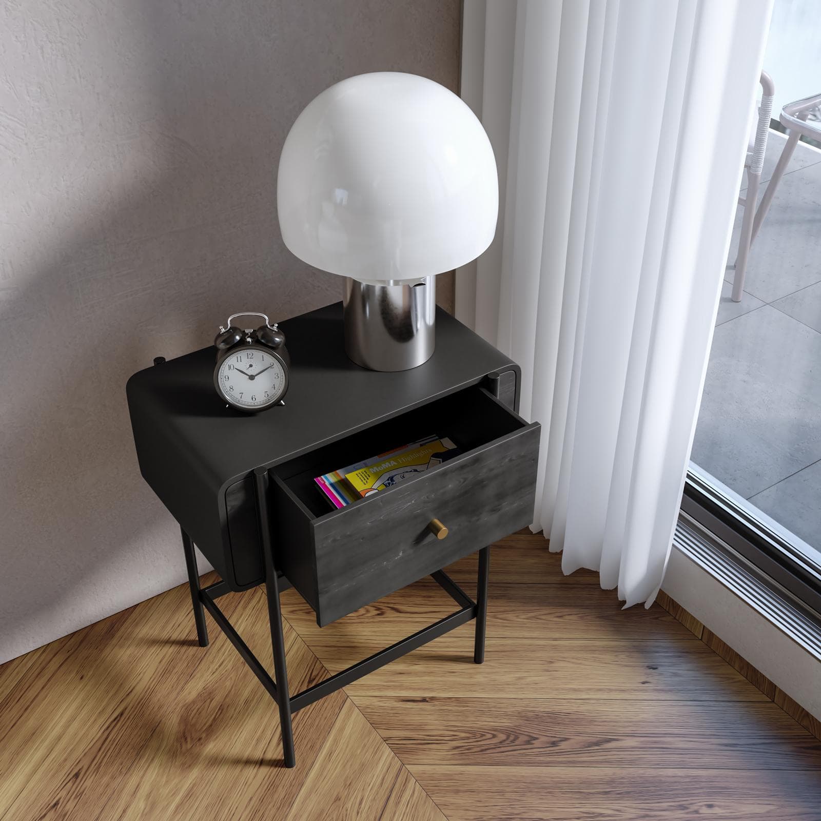 Comodino 50x61h cm in legno nero craven e metallo nero con 1 cassetto - Kirki