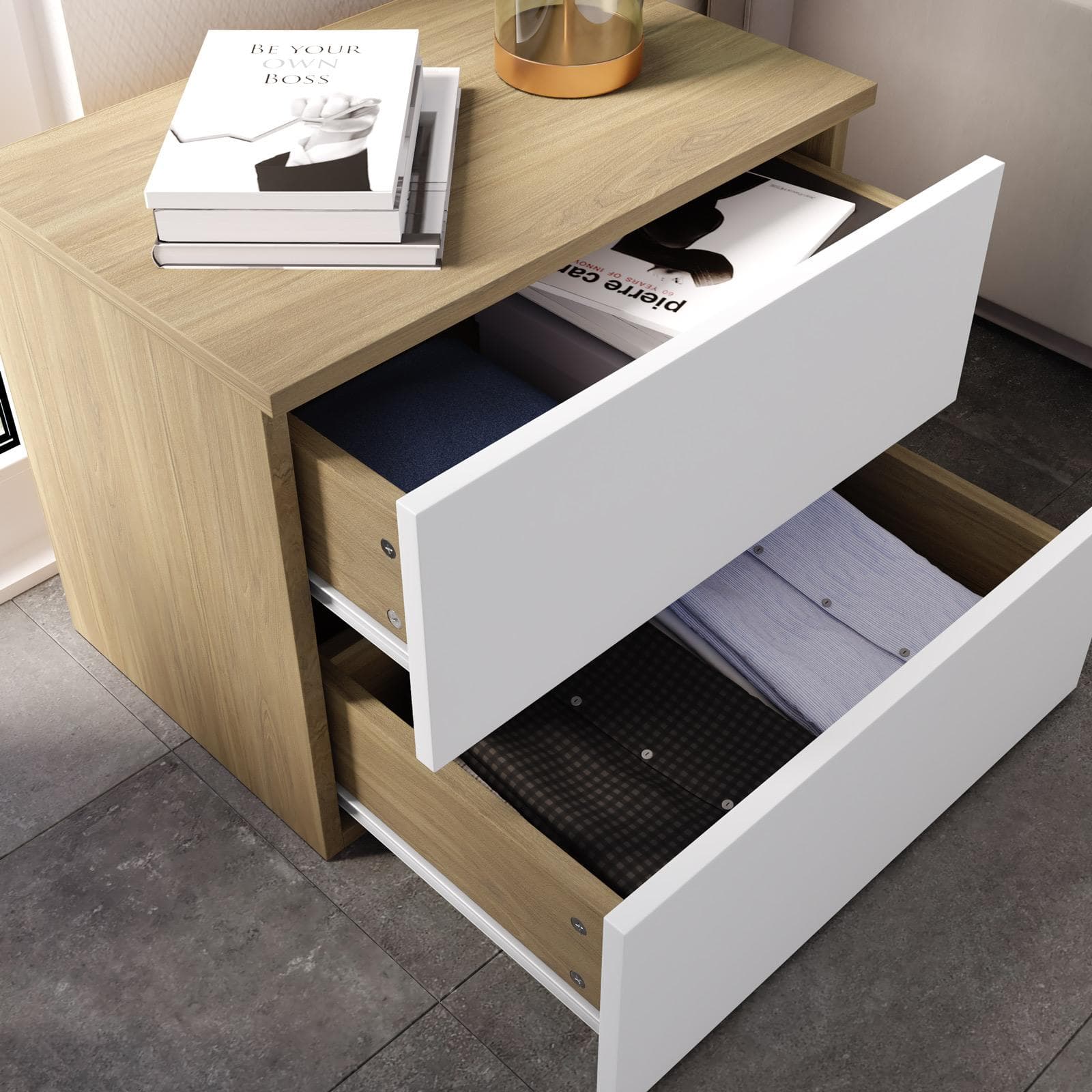 Comodino 52x42h cm con 2 cassetti bianco e rovere - Axel